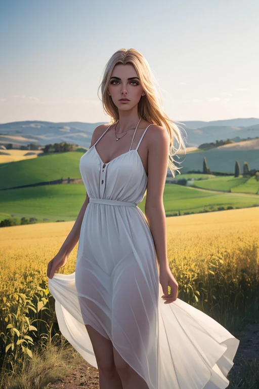 RAW Photo, DSLR BREAK (kkw-ph1:0.9) beautiful italian woman, 23 year old, in a tuscany field, sexy summer dress, professional colorgraded