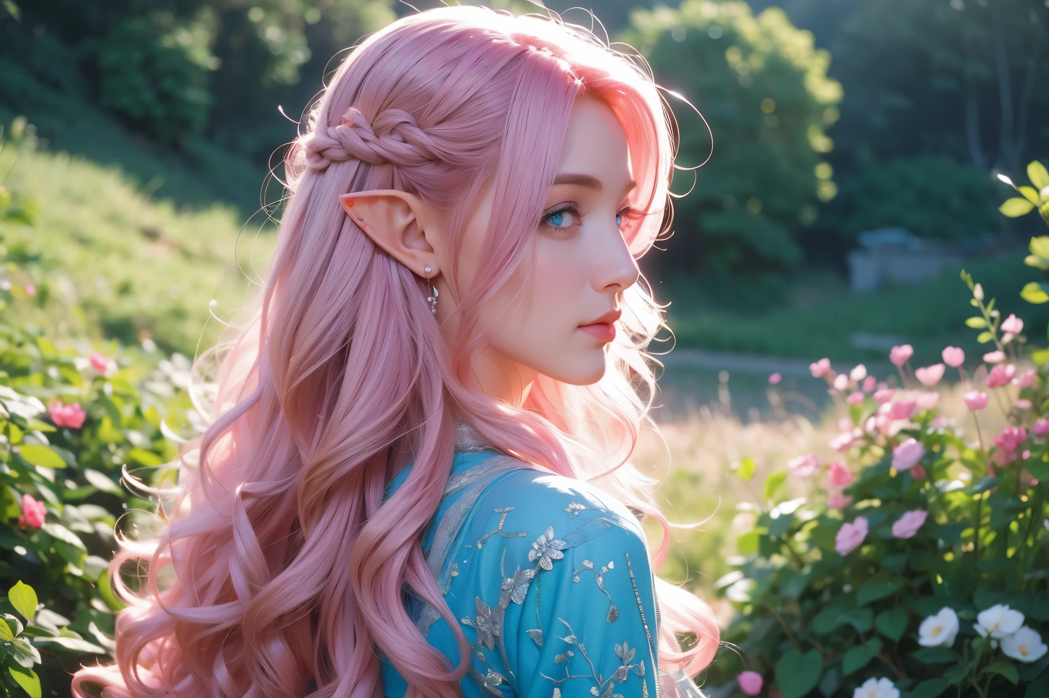 woman looking at the landscape, long curly hair, pink hair, blue eyes, elf