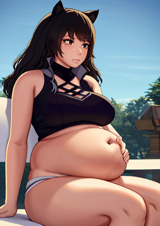 big belly, sitting, pregnant, fat, large stomach, fatty, fat, large belly, standing, fat belly, very fat, large stomach, chubby,very fat, safe for work, obese, giant belly, fat, huge, heavy, very fat, safe for work, fat, large belly, big belly, very fat, large stomach, chubby (best quality, masterpiece), Blake belladonna, Blake rwby