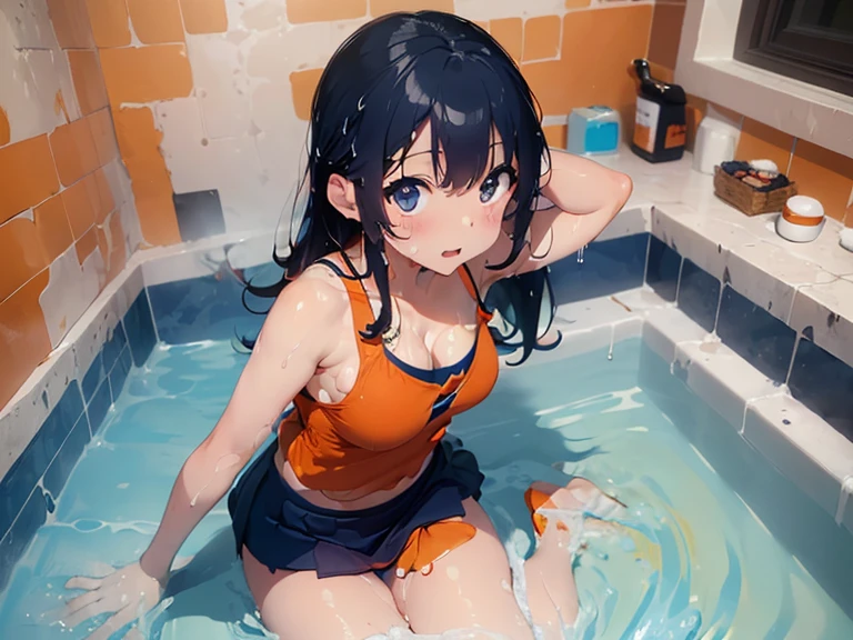 masterpiece,highest quality,real,(all fours pose),swimsuit((Super soaked,(navy blue mini skirt,(Orange camisole)))),Large bath with slimy lotion,((((ぬるぬるローションでSuper soaked)))),