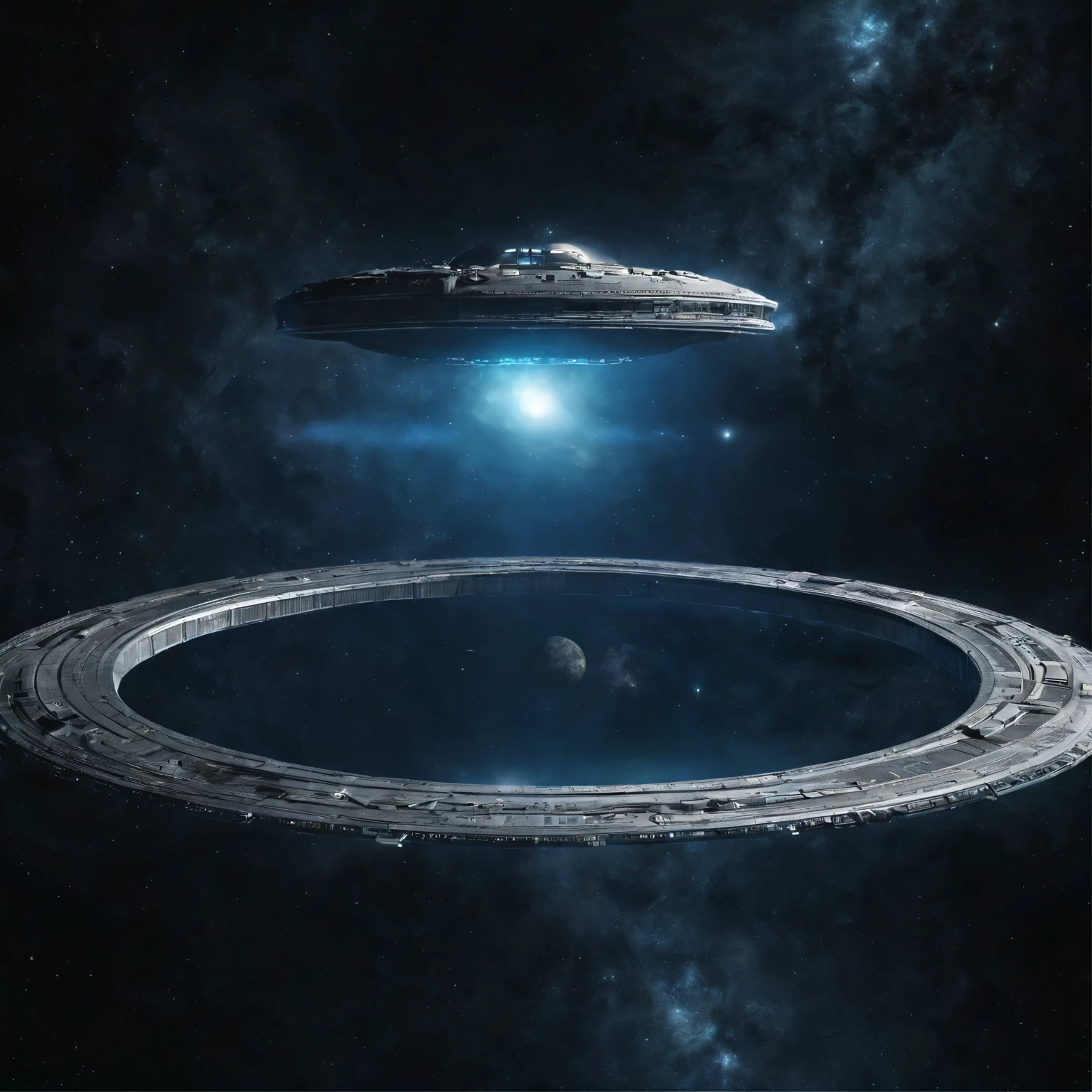 (((deep outer space))), super detailed image of the giant stargate ring (in the deep space):1.5, (the entire space inside this stargate is filled with streams of blue light flowing from the ring to the center of the space inside this ring):1.5, (flying saucer opposite this stargate is preparing to pass through it):1.35, (Milky Way background), (deep outer space around), space, stars, (Best Quality, 16K, Masterpiece, UHD, Ultra quality cinematic lighting, Huge detail, Well lit, sharp, hyper realistic, epic scale, insane level of details)