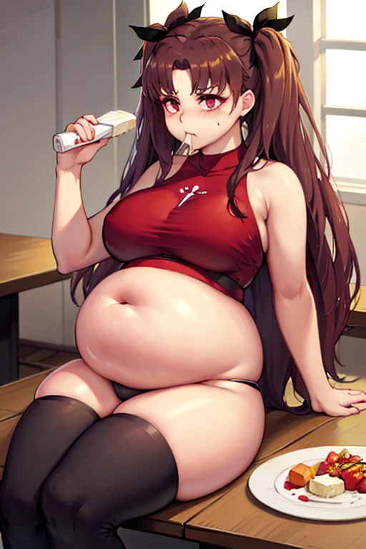 big belly, sitting, pregnant, fat, large stomach, fatty, fat, large belly, standing, fat belly, very fat, large stomach, chubby,very fat, safe for work, obese, giant belly, fat, huge, heavy, very fat, safe for work, fat, large belly, big belly, very fat, large stomach, chubby (best quality, masterpiece), Rin tohsaka, eating cream sitting on cough, table with food, fat, very fat, huge, obese
