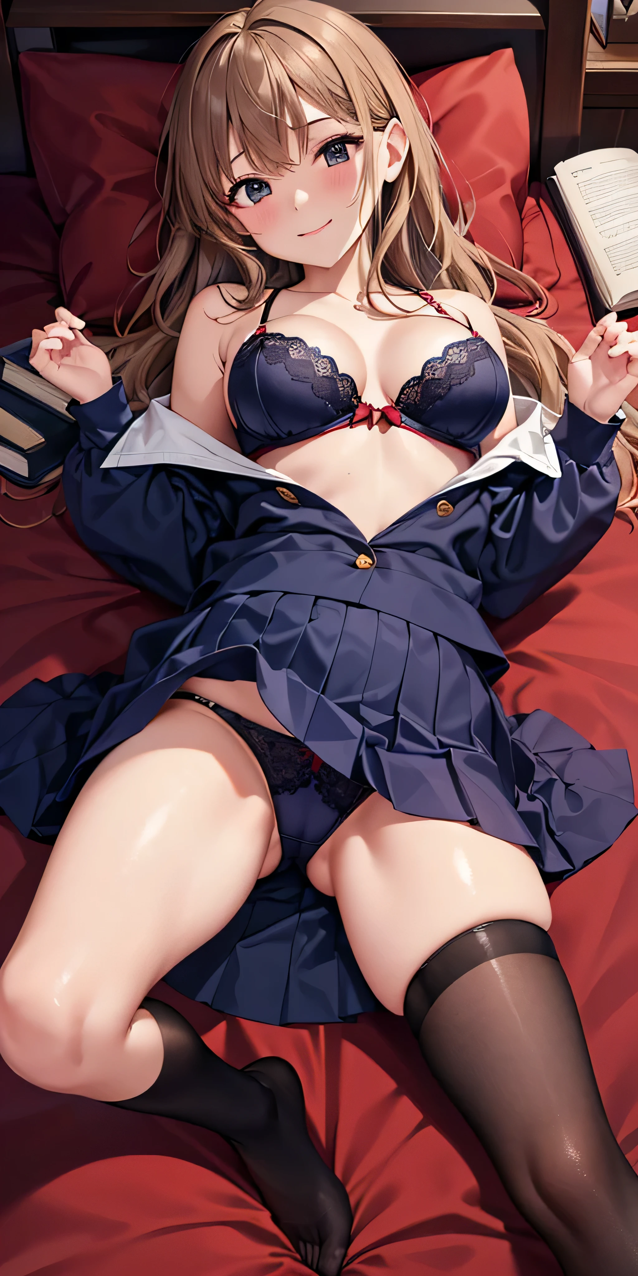 debris flies, highest quality, Highly detailed CG Unity 8K wallpaper, sexy witch , Long length hair、Dark blonde wavy hair、off shoulder knit, dark blue pleated skirt, stockings、medium breasts, saggy breasts, Pose that emphasizes the chest, blush, shy smile, bare shoulders, (((lift up the skirt with both hands、open your legs wide、please open your knees)))、、nice magic book、church bed、lying in bed、、red and navy panties、red and navy bra