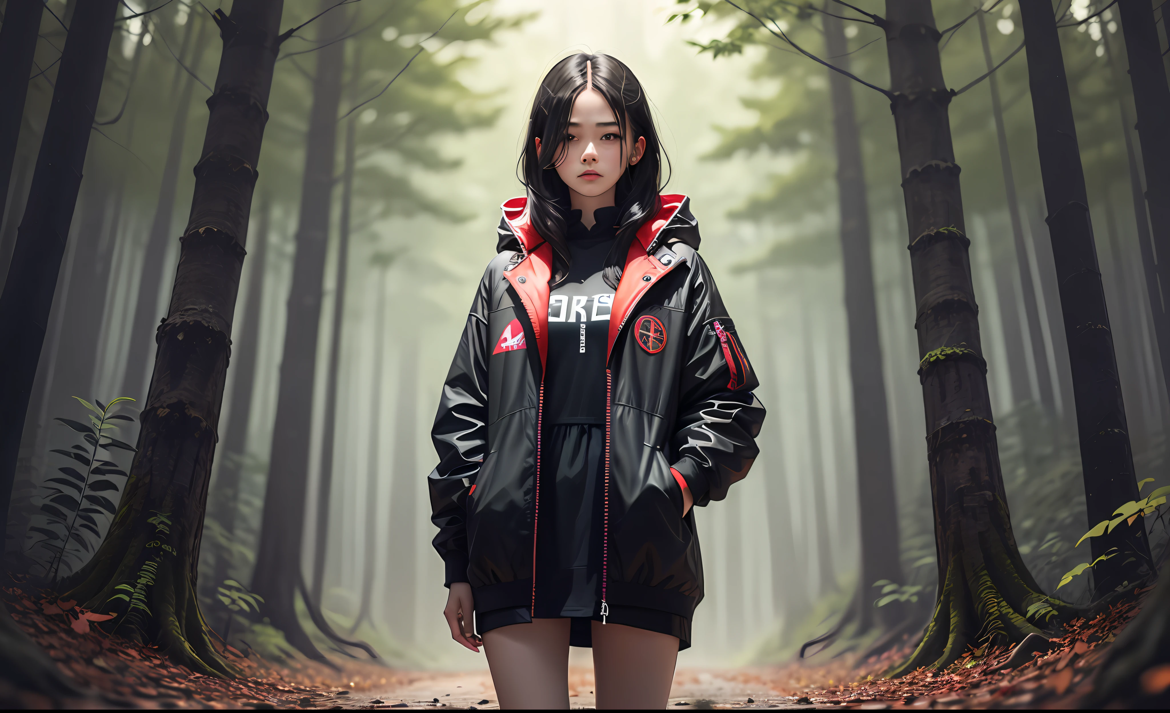 A young woman stands in a dark forest, surrounded by tall trees with red leaves. The person’s face is hidden by a blur, as if to protect their identity. They wear a black jacket and have dark hair that reaches their shoulders. The forest is dimly lit, creating a contrast between the red and black colors. The image evokes a sense of mystery and danger.