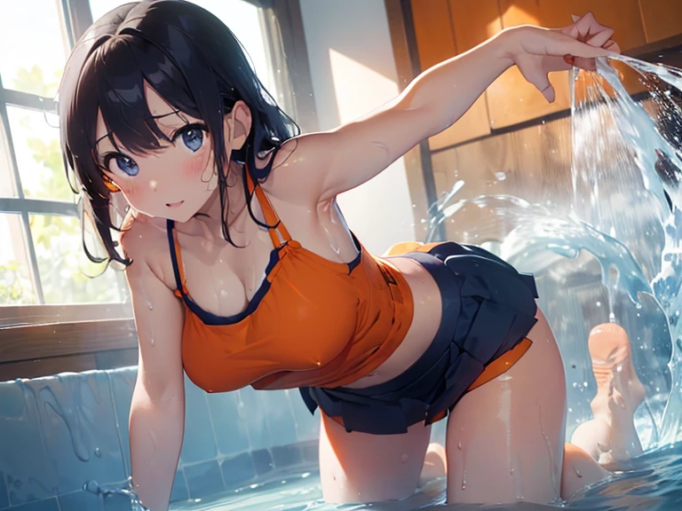 masterpiece,highest quality,real,((all fours pose)),swimsuit((Super soaked,(navy blue mini skirt,(Orange camisole)))),Large bath with slimy lotion,((((ぬるぬるローションでSuper soaked)))),