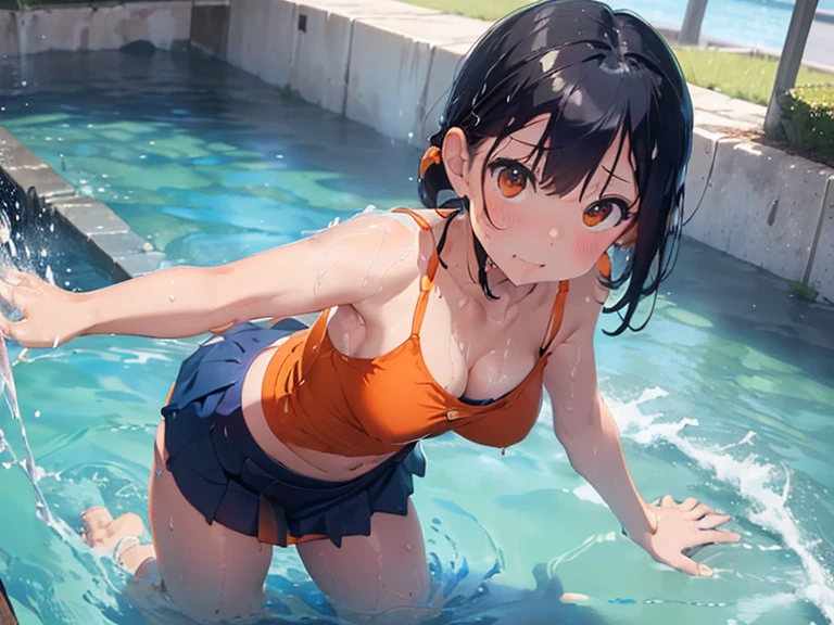 masterpiece,highest quality,real,((all fours pose)),swimsuit((Super soaked,(navy blue mini skirt,(Orange camisole)))),Large bath with slimy lotion,((((ぬるぬるローションでSuper soaked)))),