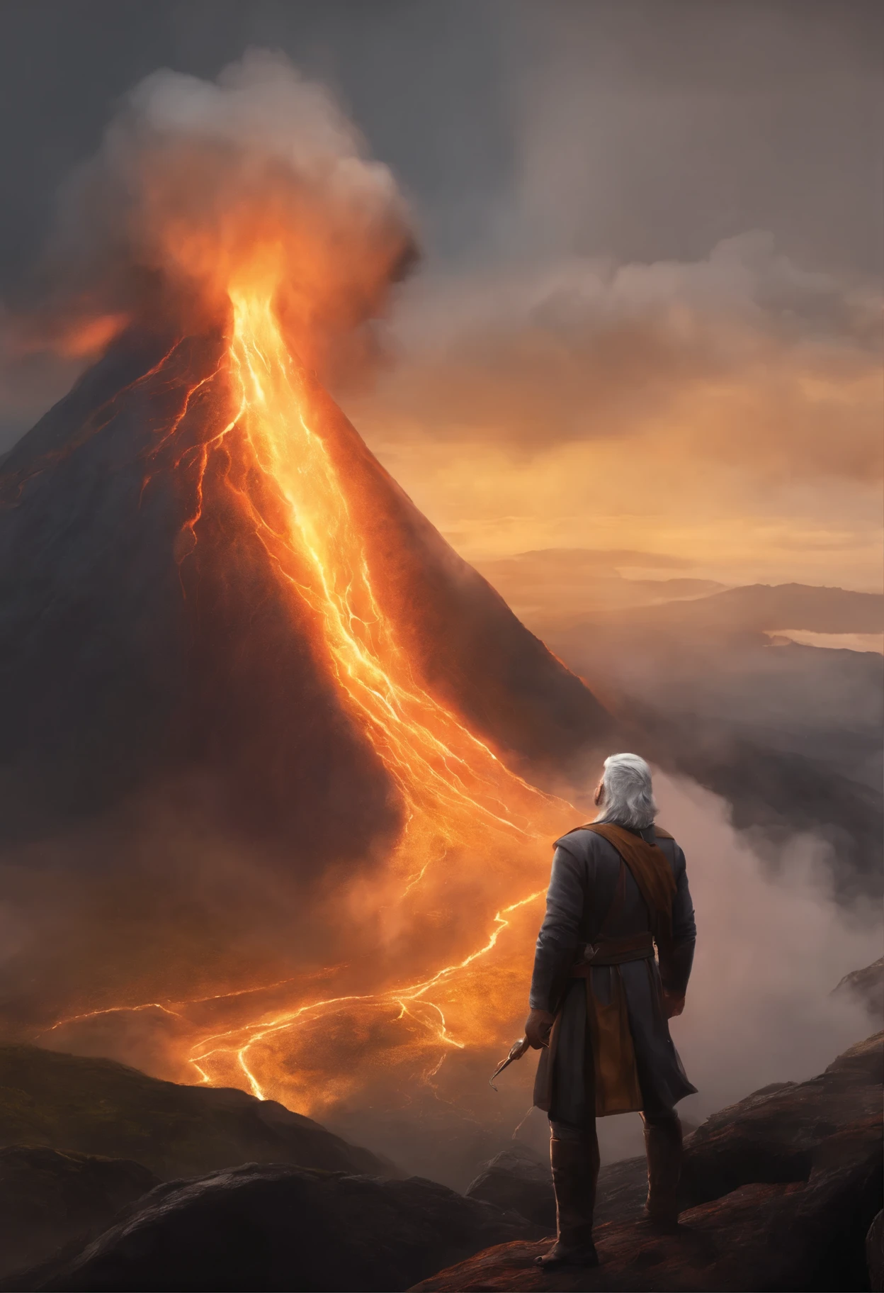 Drawing, fantasy, realism, high detail, 5 men with light gray hair, standing at an erupting volcano, 8kk