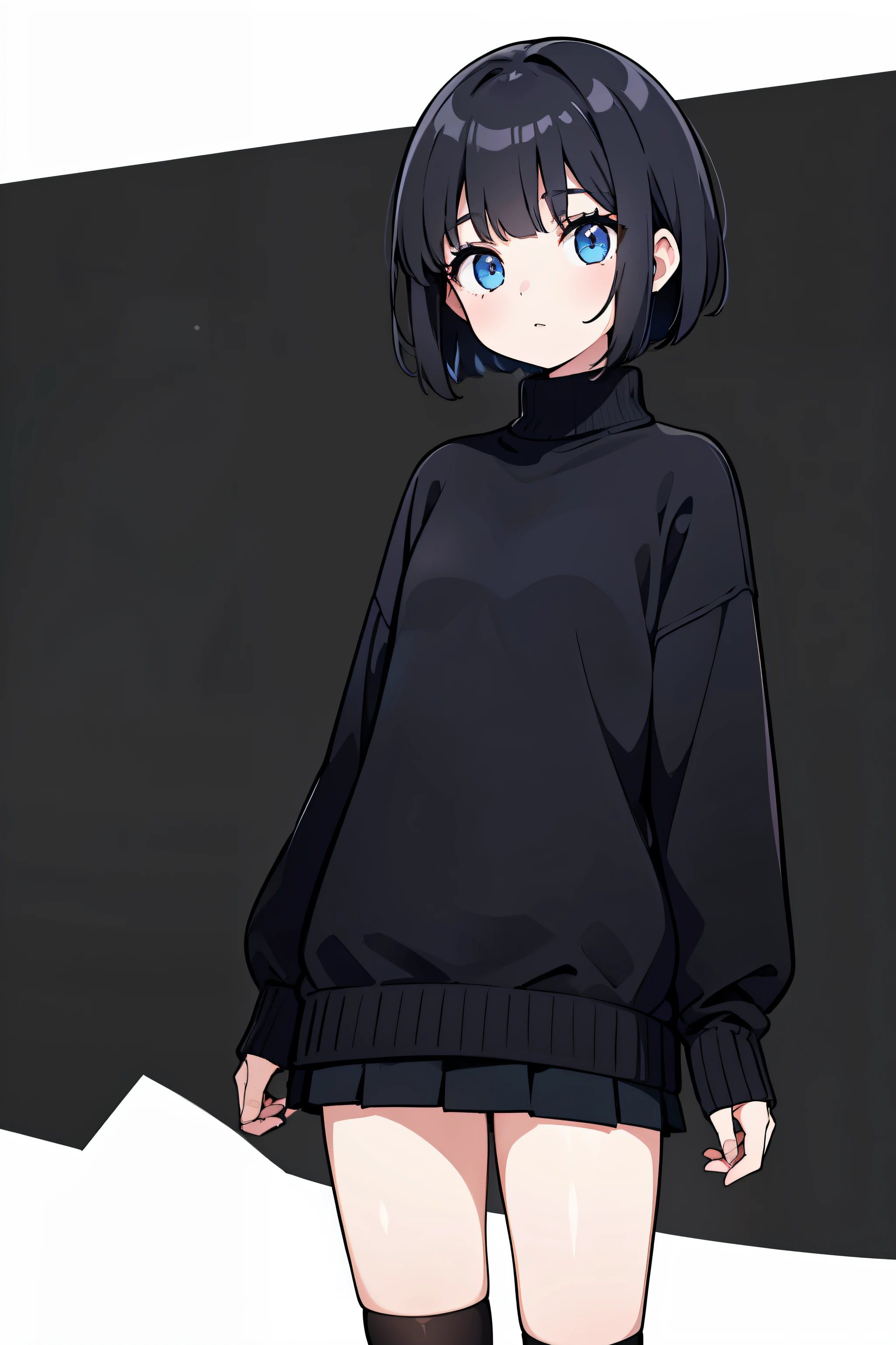 1 chica, Solo, ojos azules, (ojos detallados), pecho plano, cabello corto, pelo negro, ((sweater)), mangas largas, falda negra, calcetines negros, de pie, parte superior del cuerpo, (Fondo blanco), fondo transparente, mirando abajo, ((obra maestra, illustration, Mejor calidad))