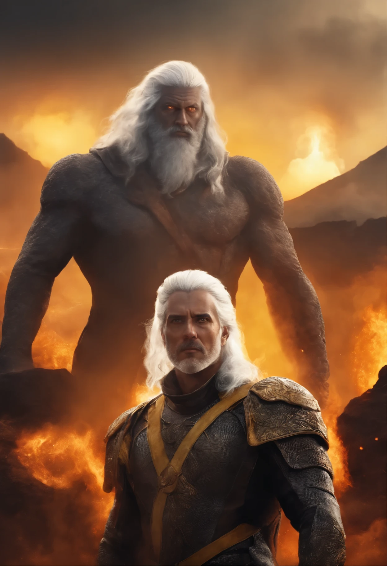 Drawing, fantasy, realism, high detail, quintet of men (detailing), ((with light gray hair)) (hair detailing), ((yellow eyes)), (face detailing), (clothing detailing), standing at an erupting volcano (volcano detailing), (nature detailing), 8kk
