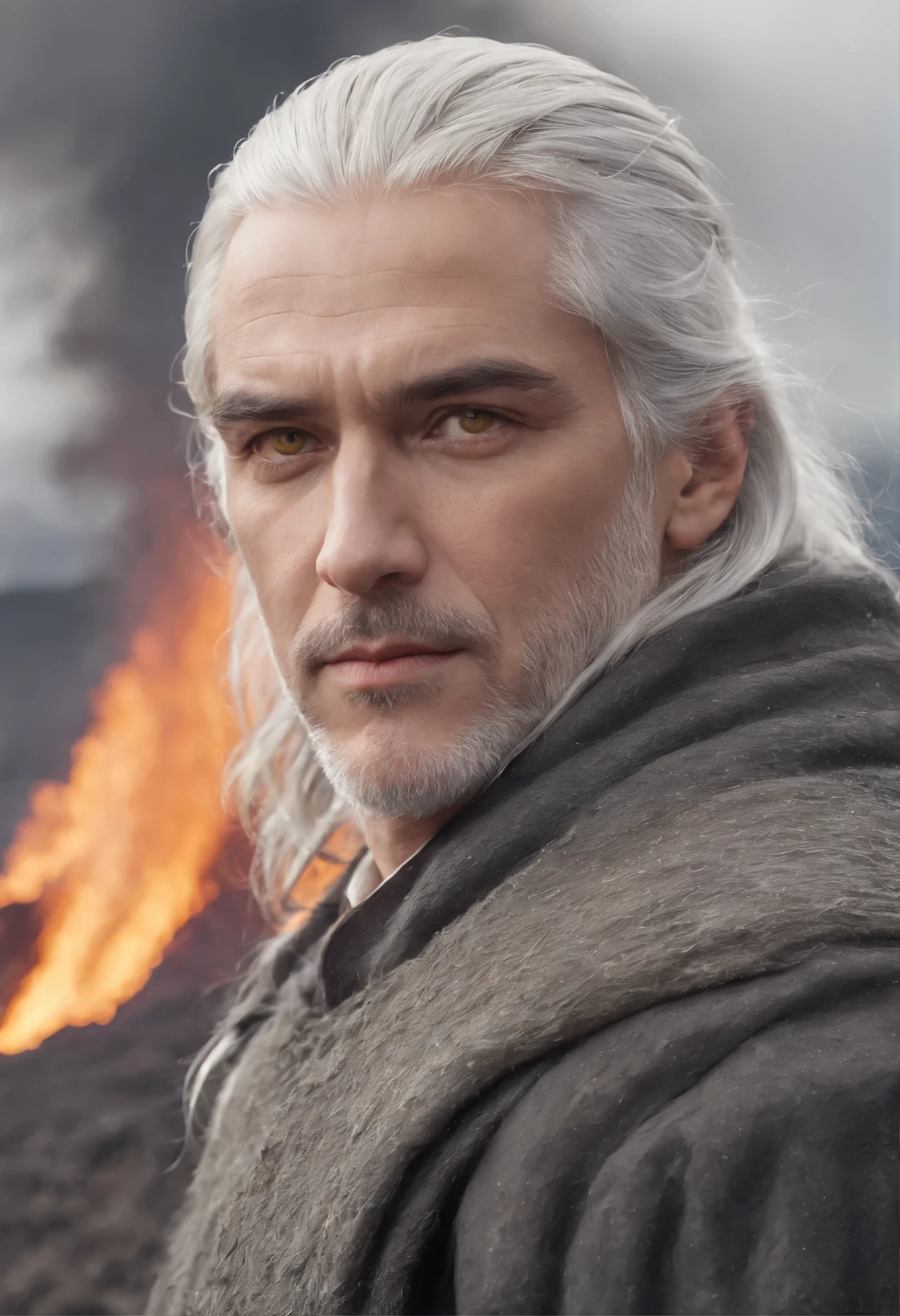 Drawing, fantasy, realism, high detail, quintet of men (detailing), ((with light gray hair)) (hair detailing), ((yellow eyes)), (face detailing), (clothing detailing), standing at an erupting volcano (volcano detailing), (nature detailing), 8kk