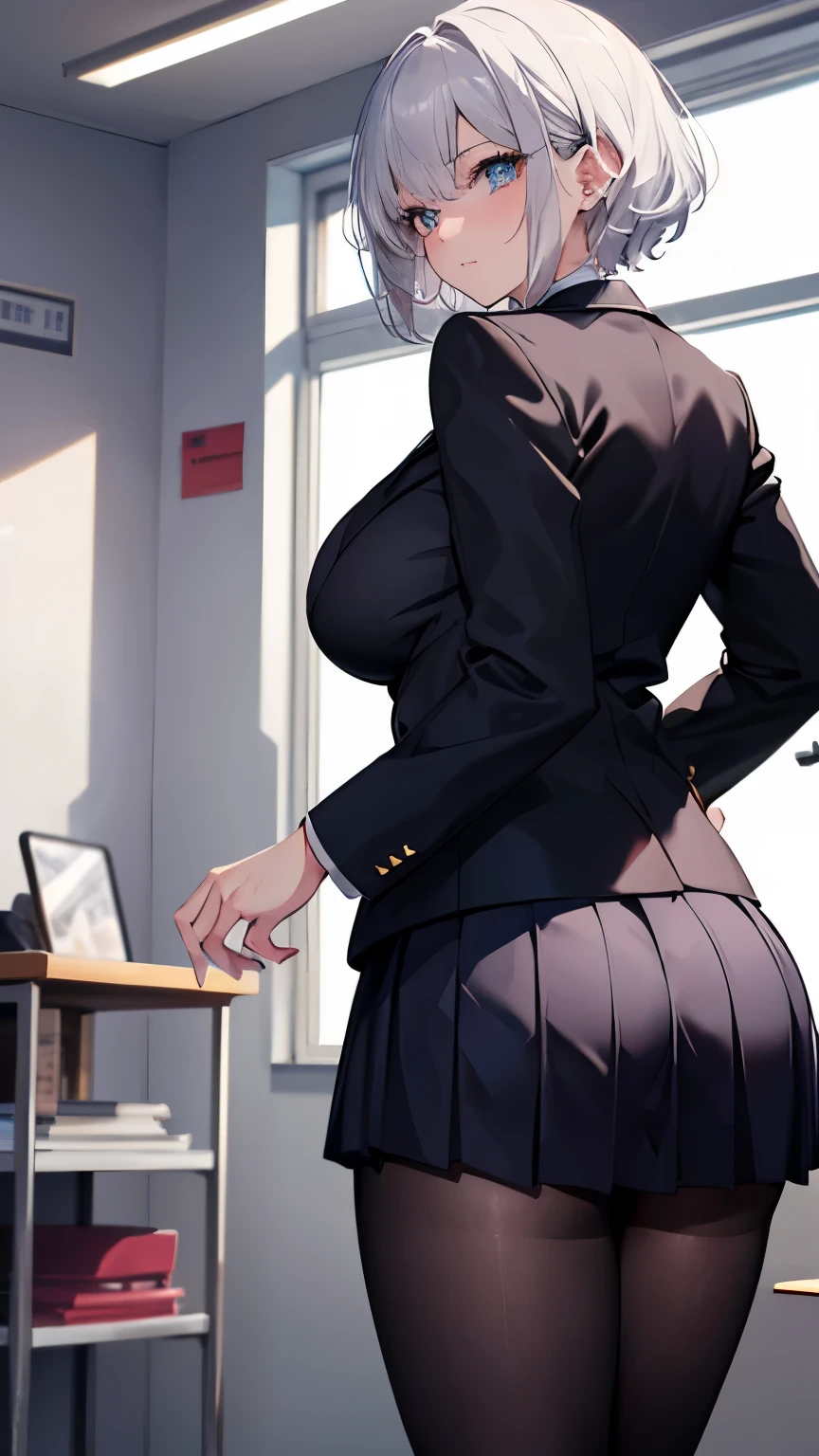 ((masterpiece)), ((best quality)), (ultra-detailed), ((extremely detailed)), 4K, (8K), best quality, (beautiful), ((beautiful eyes)), dynamic angle, ((gigantic breasts)), ((school uniform)), ((black blazer)), in health room, short hair, silver hair, (((looking back))), cowboy shot, black tights