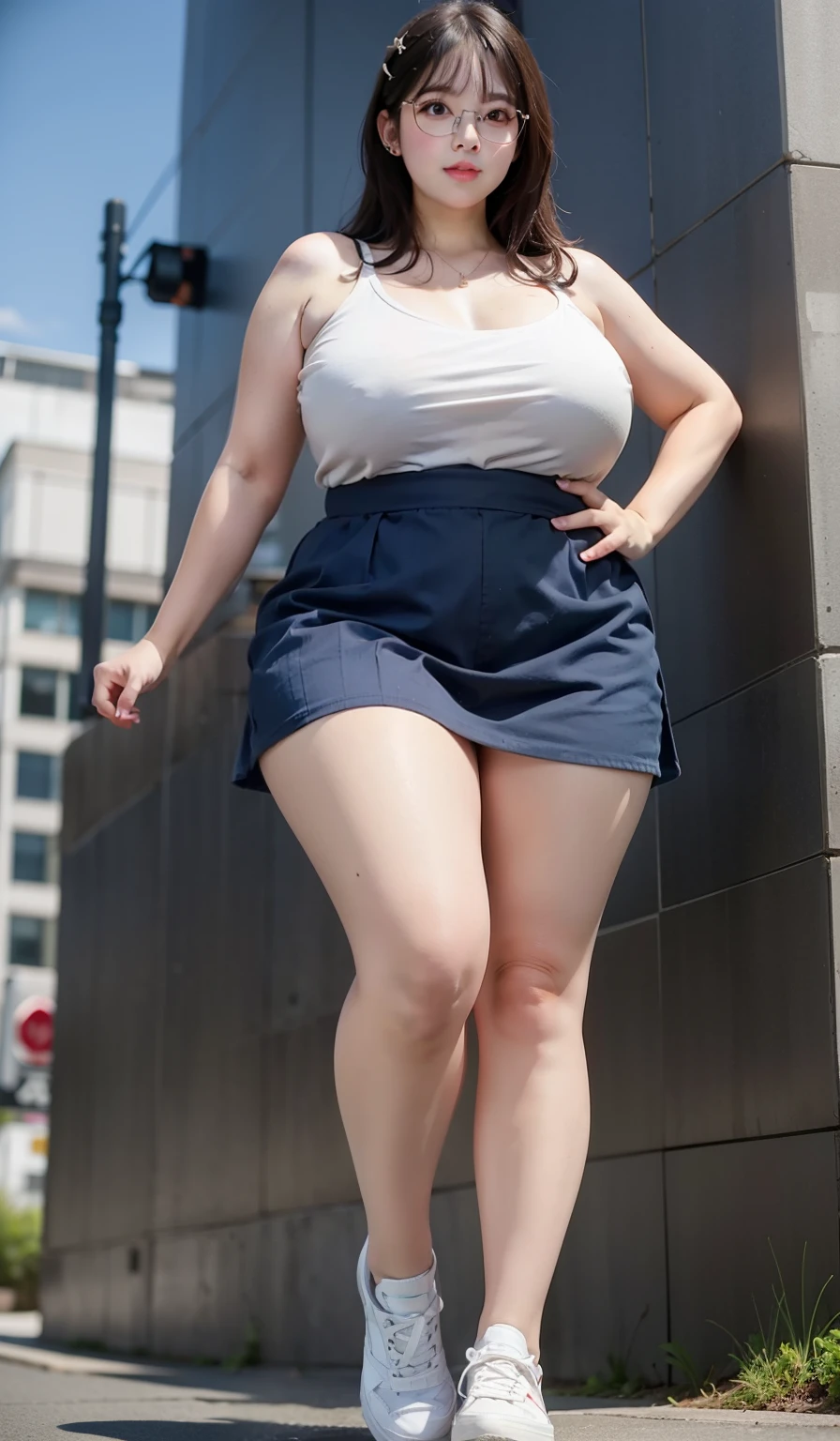 Medium hair, mature woman, big breasts, chubby arm, chubby thighs, chubby armpits, chubby cheeks, korean woman , wearing thight skirt, thight clothes, sneakers, glasses, very chubby body