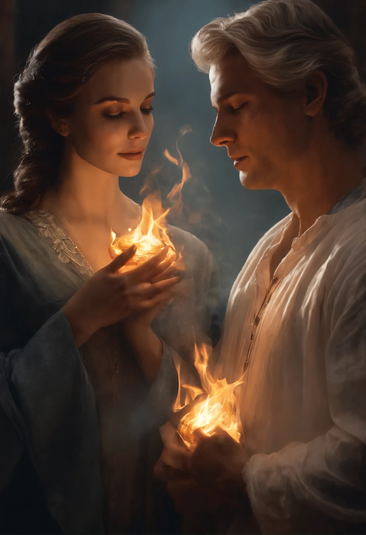 Heart, pulse, soul, fire, Couple, a young gray-haired man of 25 years and a woman, a woman and a gray-haired man of 25 years stand engulfed in fire, Adam Marcinski, Evgeny Zak, 8 to sensual lighting, Alexander Gerimsky, engulfed in a swirling flame, Christopher Zhefarovich, Zlatyu Boyadzhiev