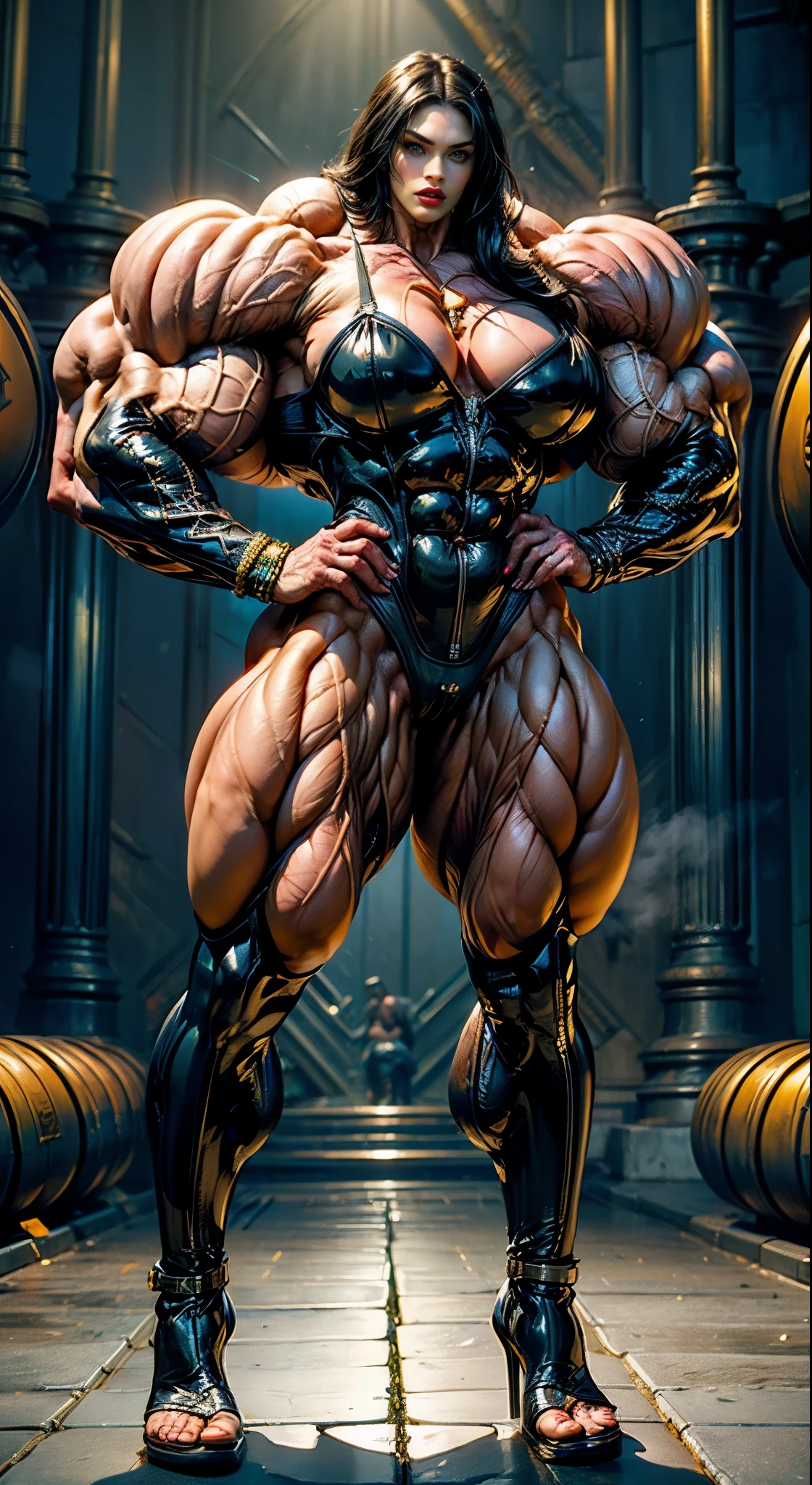 (1 woman), (megan fox:1.25), a drawing of a barbarian woman in full latex suit, (latex bodysuit:1.25), (extreme muscular definition:1.5), (full body pose:1.25), (huge upper body:1.25), (wide shoulders:1.25), veins, beautiful face, full lips, slim face, high cheekbones, muscular, in the art style of peter mohrbacher