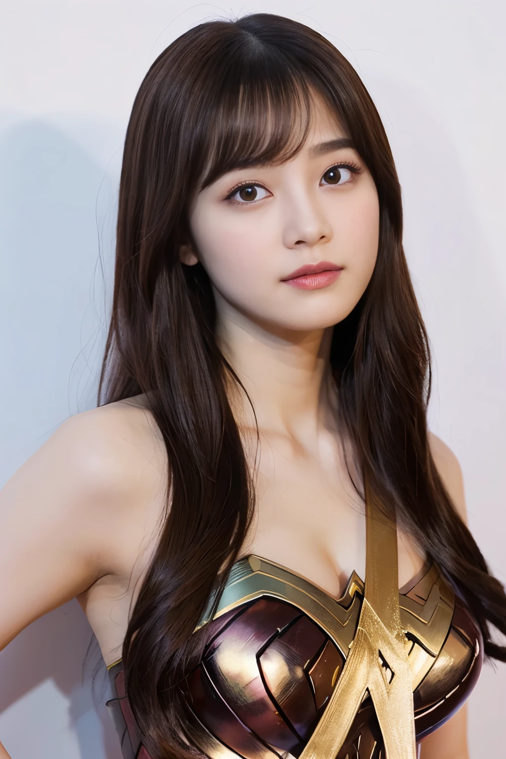 masterpiece、1 beautiful girl、fine eyes、puffy eyes、highest quality, 超High resolution, (reality: 1.4), movie lighting、Japanese、asian beauty、Korean、super beautiful、beautiful skin、body facing forward、close up of face、(超reality的な)、(High resolution)、(8K)、(very detailed)、(美しくfine eyes)、(Super detailed)、 (wall-)、detailed face、bright lighting、professional lighting、looking at the viewer、look straight ahead、slanted bangs、night view、brown hair、Nogizaka idol、korean idol、fiery idol pose、、25 years old、wonder woman cosplay