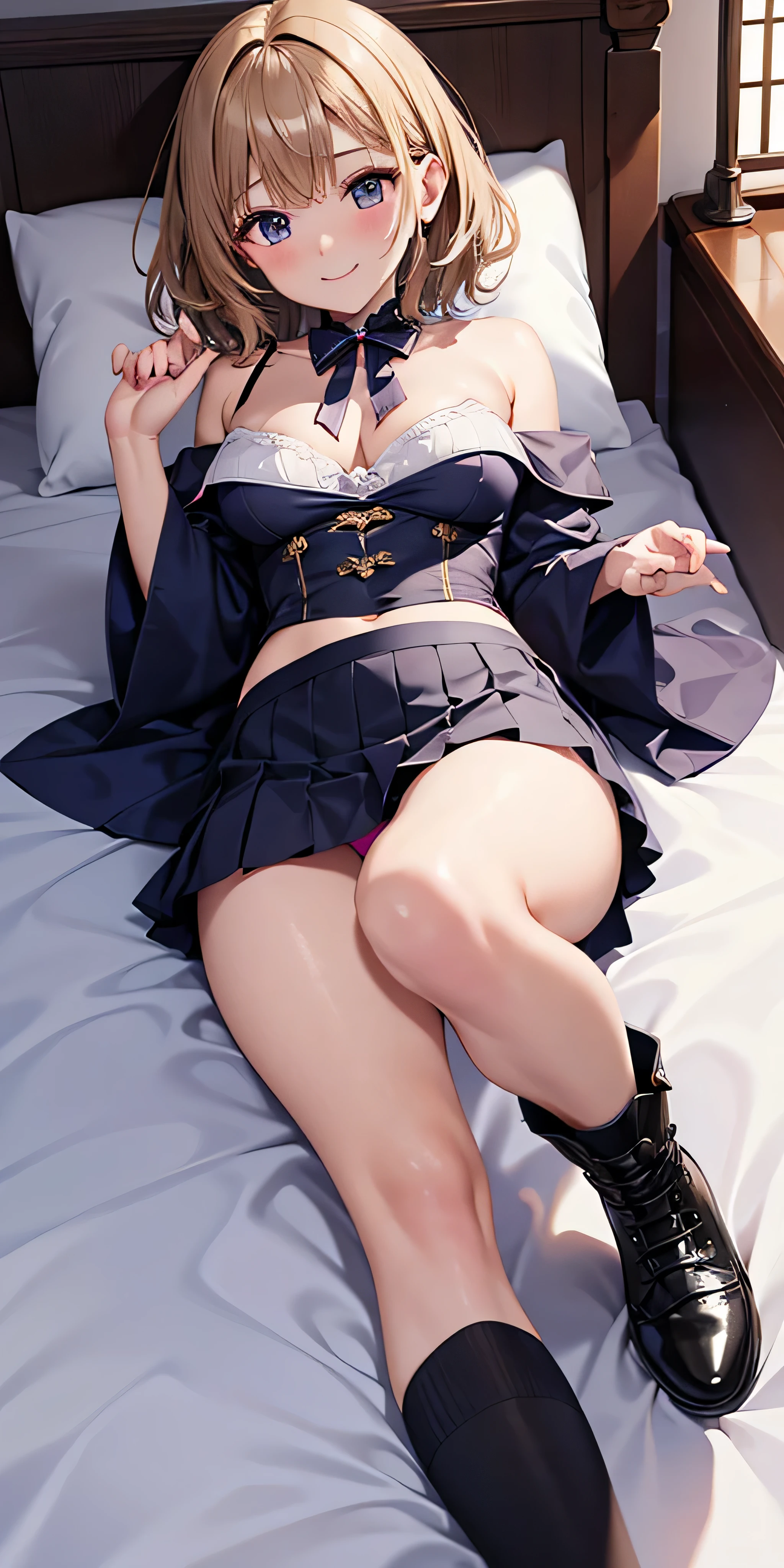 debris flies, highest quality, Highly detailed CG Unity 8K wallpaper, sexy witch , short hair、Dark blonde wavy hair、off shoulder knit, dark blue pleated skirt, stockings、medium breasts, saggy breasts, Pose that emphasizes the chest, blush, shy smile, bare shoulders, (((、open your legs wide、please open your knees)))、、nice magic book、church bed、lying in bed、stick out your butt、pink panties、pink good