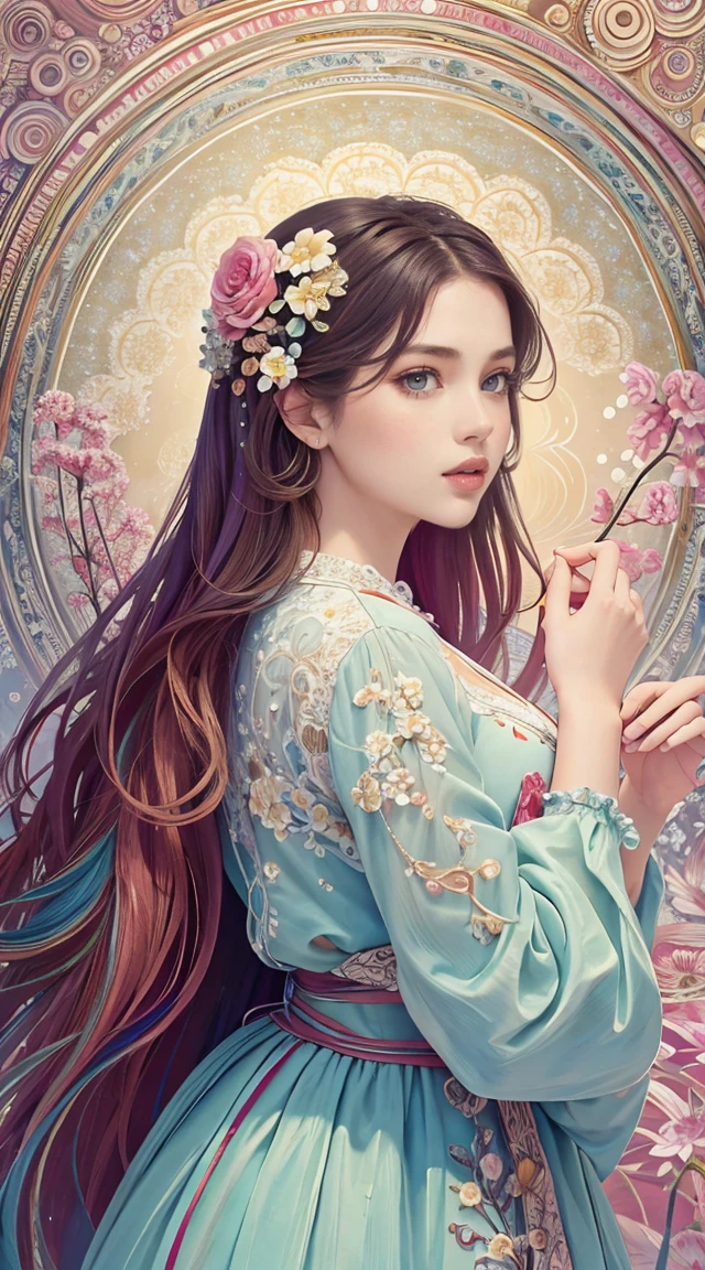 1girl in a masterpiece, top-quality, official art, beautifully aesthetic: 1.2, highlighting her upper body. The girl is surrounded by 1 flower, creating a highly detailed, colorfully vibrant scene. The artwork showcases the beauty of fractal art: 1.3 in the most intricate and detailed manner possible.
