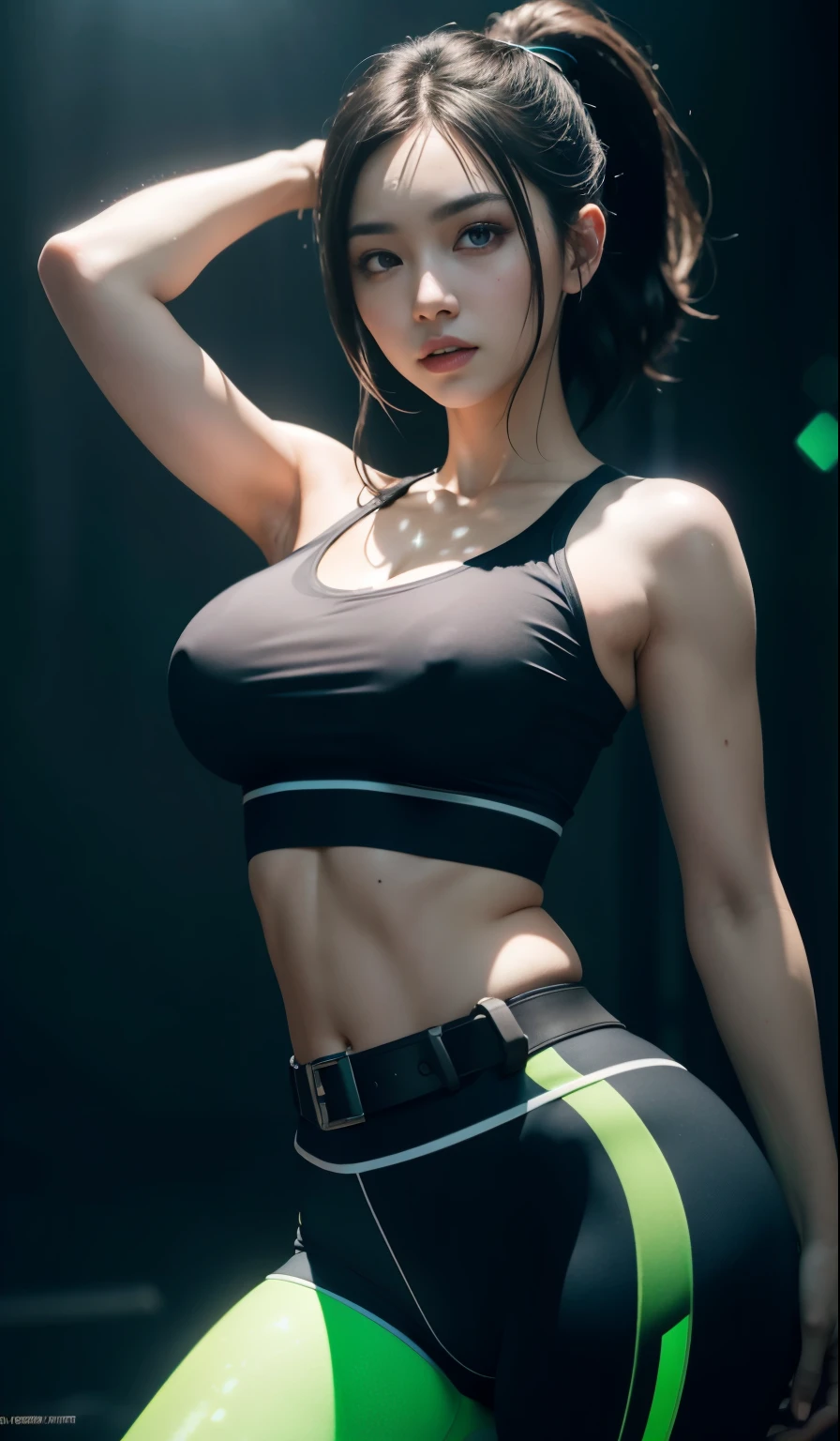 1 girl, beautiful eyes, red face, slightly open lips, full and symmetrical breasts, bulging buttocks, tight sports shirt, white skinny yoga pants, detailed lines between the thighs, white sneakers, black hair, high ponytail, belt, tattoo, running track, park, jungle, lake, chest close-up, hip close-up, HDR (High Dynamic Range), ray tracing, NVIDIA RTX, Super Resolution, Unreal 5, Subsurface scattering, PBR textures, Post processing, Anisotropic filtering, Depth of field , Maximum sharpness and sharpness, Multi-layer textures, Albedo and specular maps, Surface shading, Accurate simulation of light-material interactions, Octane rendering, Duotone lighting, Low ISO, White balance, Rule of thirds, Large aperture, 8K RAW, High efficiency sub-pixel, Subpixel convolution, (Glow particles: 1.4), {{Masterpiece, Best Quality, Extremely detailed CG, Unity 8k wallpaper, 3D, cinematic lighting, lens flare}},
