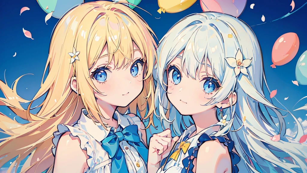 (((portrait))), (2 girls, blonde hair, blue eyes, white sundress, arm behind back, kawaii), (fluttering petals, colorful balloons, celebration, congratulation)