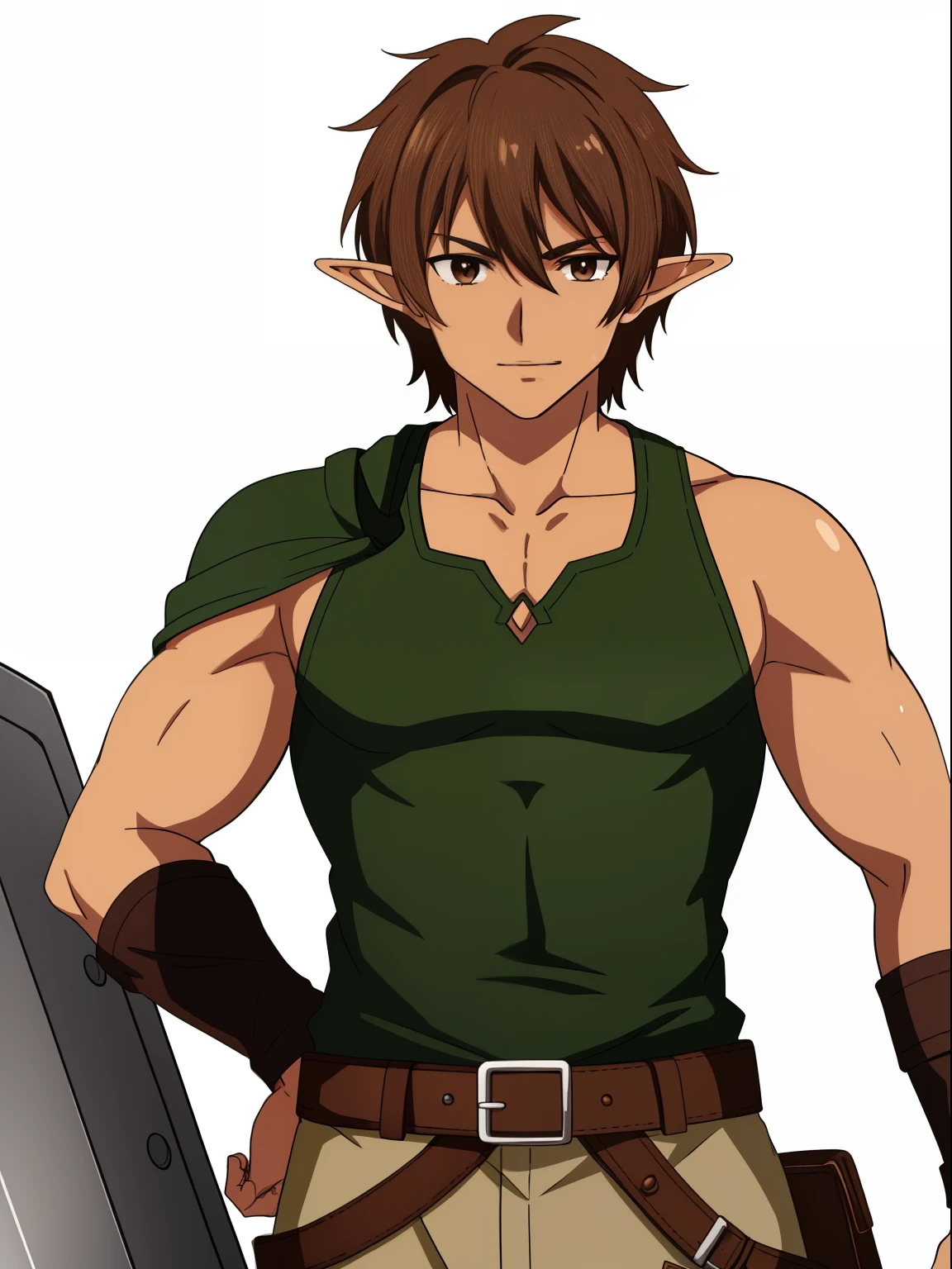(tanned elf male man:1.2), (brown hair silver eye) (blacksmith), (belt), white background