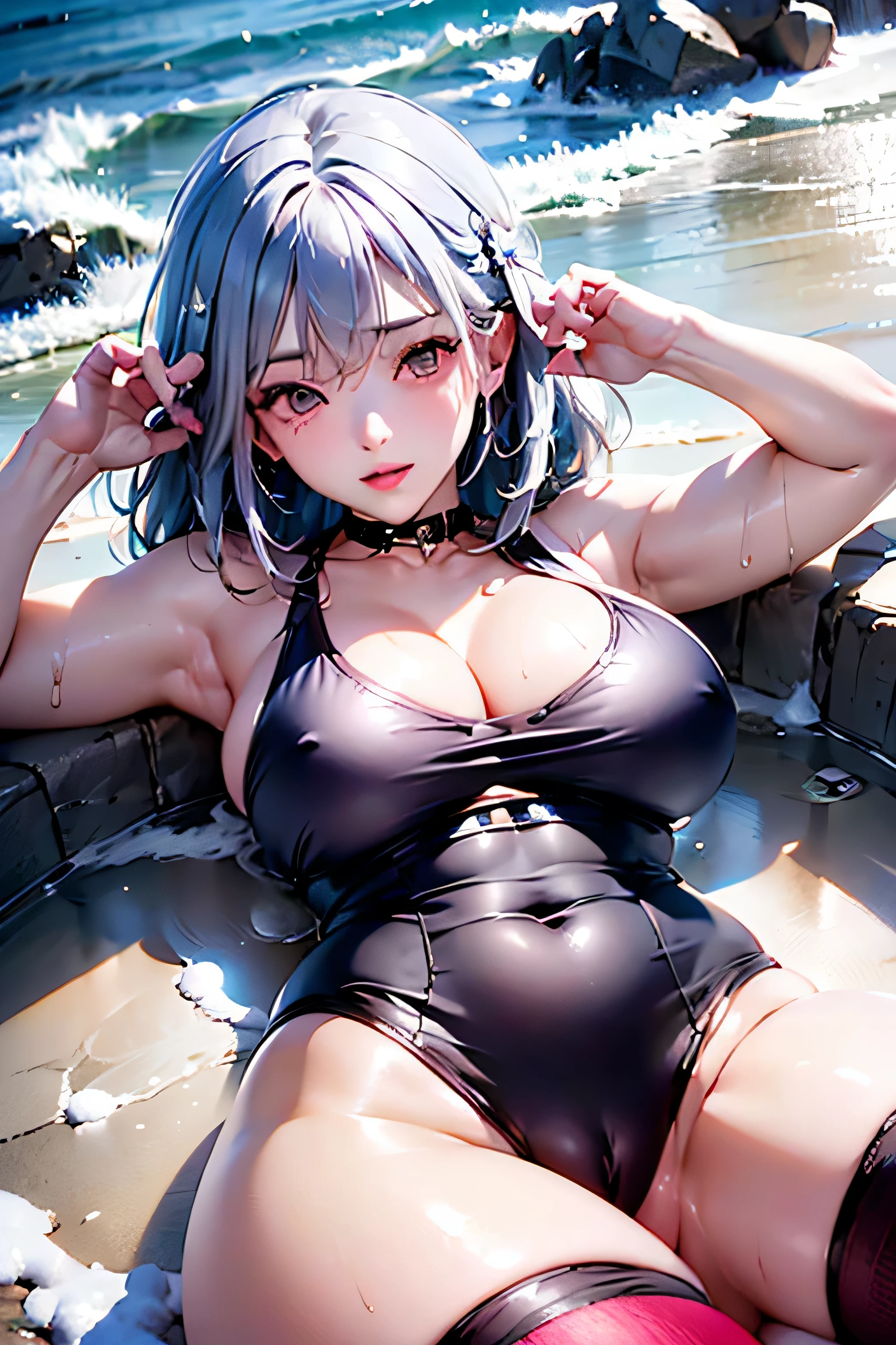 (photorealistic:1.3,highest quality,8K quality,masterpiece:1.3,High resolution,muste piece:1.2),23 year old woman wearing white leotard,(choker) Clean wet skin, (photo seen from the floor:1.4),(looking at the camera:1.2),(short hair:1.2,bright blue hair:1.5),(smile:1.2),(Lie down in a warm hot spring),(full of sweat:1.3),open-air bath,steam,vapor,background(snow mountain:1.3, sunrise:1.3),snow scene,(Bold pose with legs spread,dynamic pose:1.2),(Wet clothes stuck to my skin:1.4),(Nipples visible through clothing),(genitals visible through clothing),(Butt visible through clothes),slender, abs:1.2,(young skinny gravure idol, sophisticated gravure idol),(detailed perfect face),normal hands:1.5,normal finger:1:5,normal foot:1.5