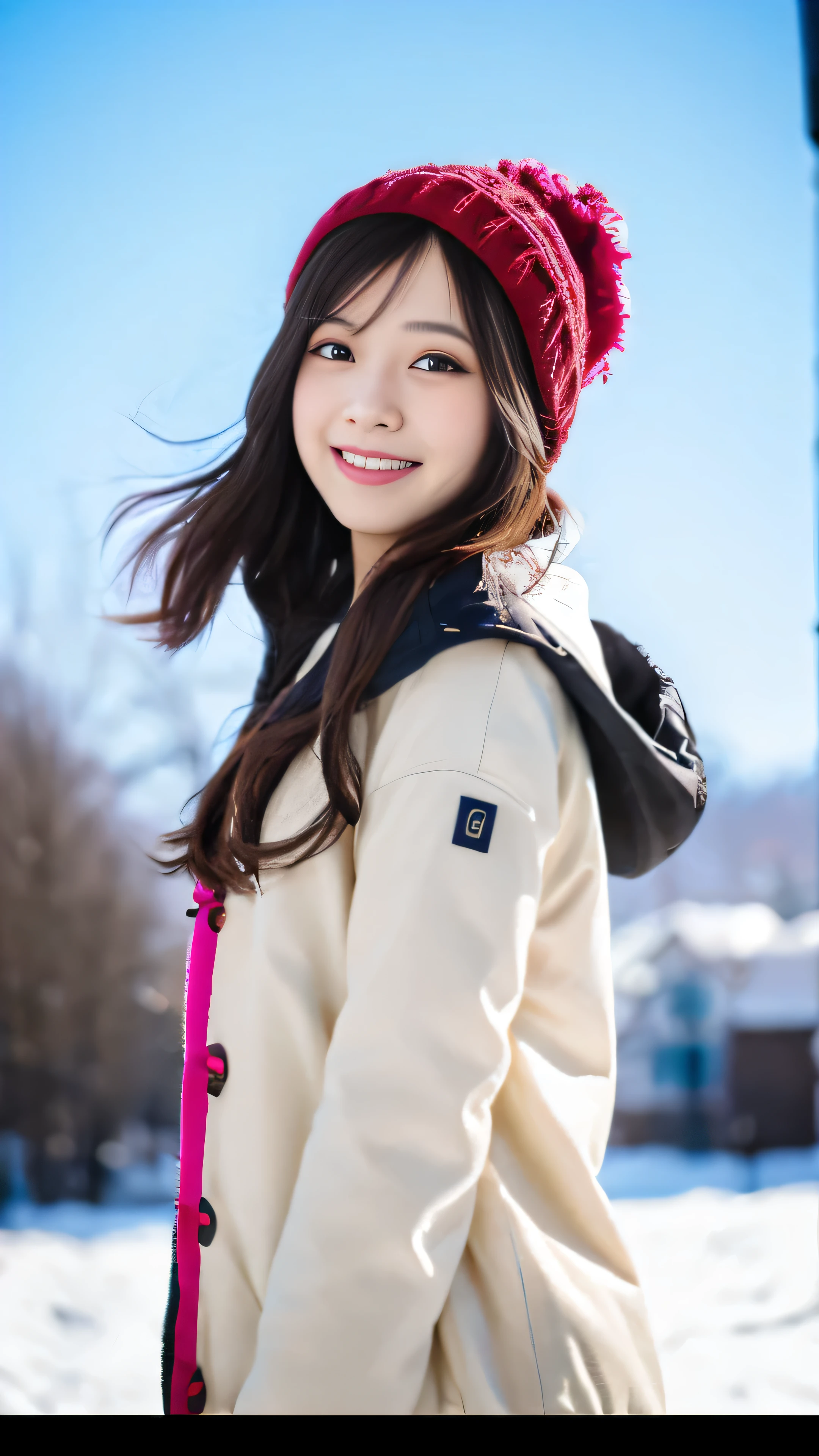 highest quality, 4K quality, 1 girl, Pink Hanfu, snow, long hair fluttering in the wind, healing smile, Large Diameter, blurred background,High-resolution images of the whole body including facial details,