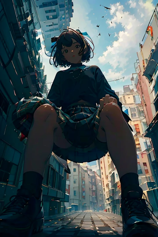 (masterpiece:1.3),(best quality:1.2),
from below, low_angle_human, 1girl, short brown hair, tartan skirt, squatting, (viewed from below), (underskirt shot), ((front footage)), ((looking at viewer)), ((view at viewer)), ((black shoes)), ((Underwear))