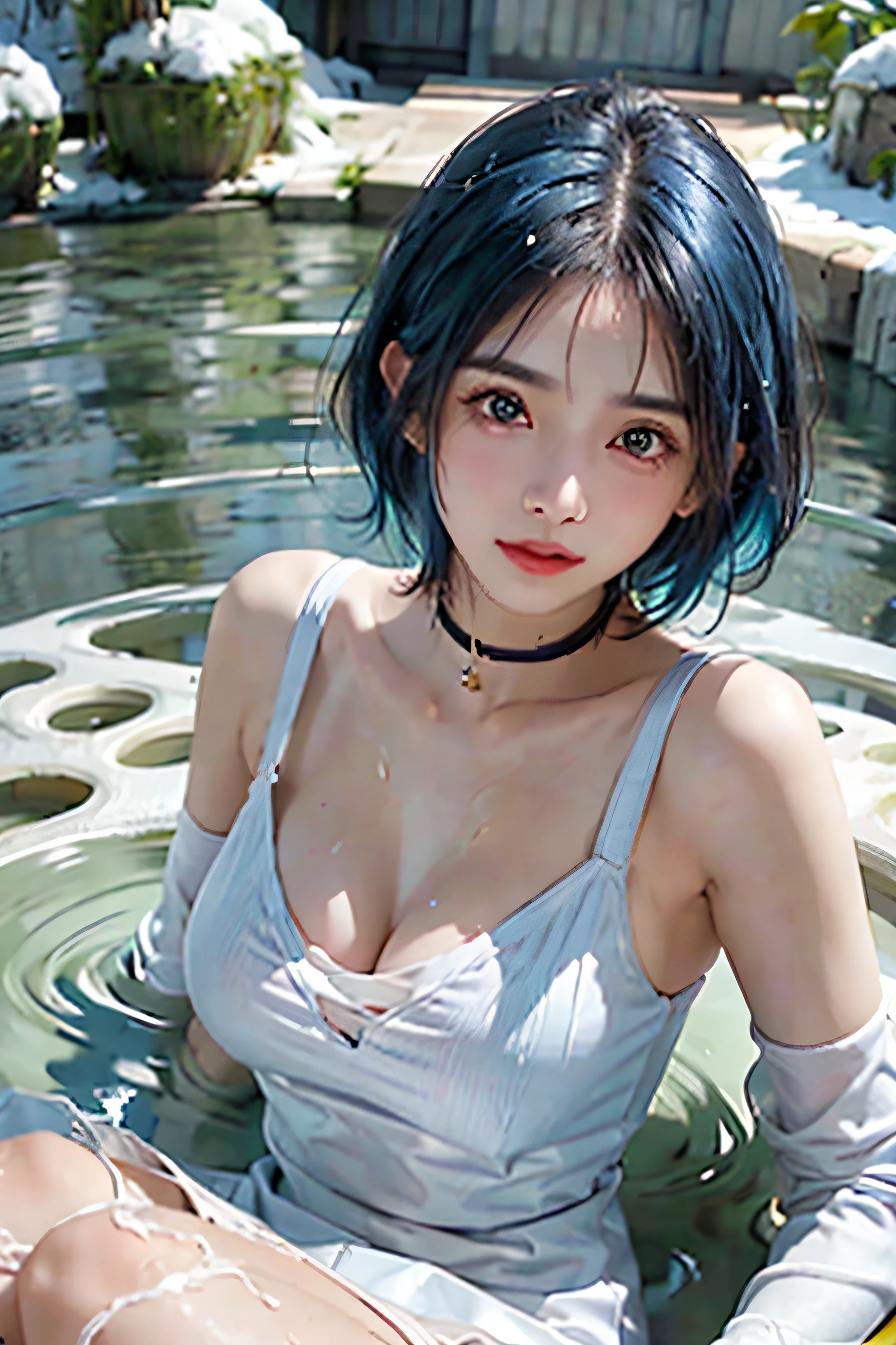 (photorealistic:1.3,highest quality,8K quality,masterpiece:1.3,High resolution,muste piece:1.2),23 year old woman wearing white underwear,(choker) Clean wet skin, (photo seen from the floor:1.4),(looking at the camera:1.2),(short hair:1.2,bright blue hair:1.5),(smile:1.2),(Lie down in a warm hot spring),(full of sweat:1.3),open-air bath,steam,vapor,background(snow mountain:1.3, sunrise:1.3),snow scene,(Bold pose with legs spread,dynamic pose:1.2),(Wet clothes stuck to my skin:1.4),(Nipples visible through clothing),(genitals visible through clothing),(Butt visible through clothes),slender, abs:1.2,(young skinny gravure idol, sophisticated gravure idol),(detailed perfect face),normal hands:1.5,normal finger:1:5,normal foot:1.5