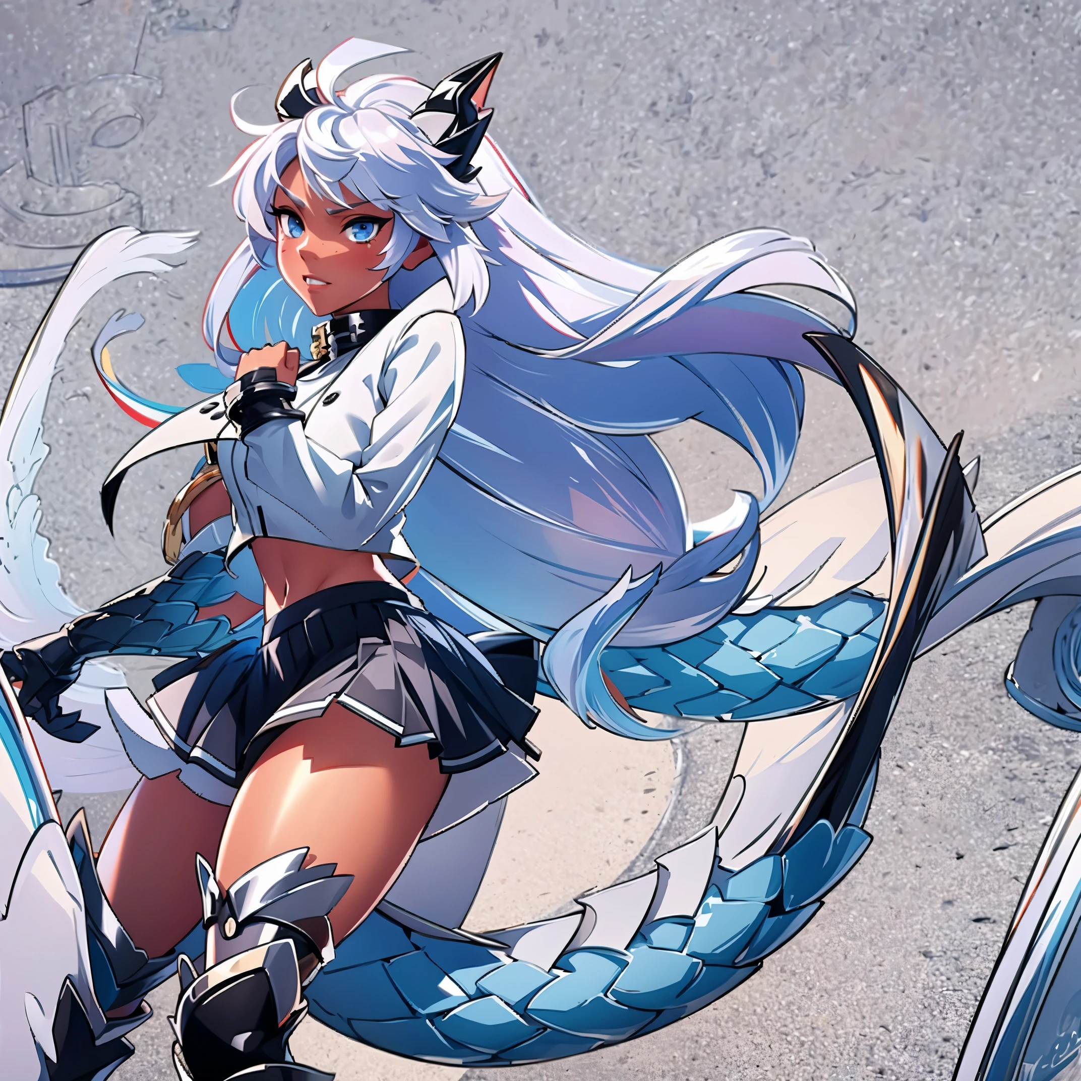 8k, resolution, high quality, high resolution, best quality, extremally detailed, best resolution, absurd resolution, ray tracing, high detailed, masterpiece, extremely detailed,shoulder length white hair, female,2 white wolf ears, teenage girl, slim body, white scale dragon tail,black boots,black leggings, navel blue school skirt, sailor shirt, white jacket, medium size chest, detailed blue eyes, detailed beautiful face,solo female,1 dragon tail, detailed eyes, tomboyish, dragon tail, white scales