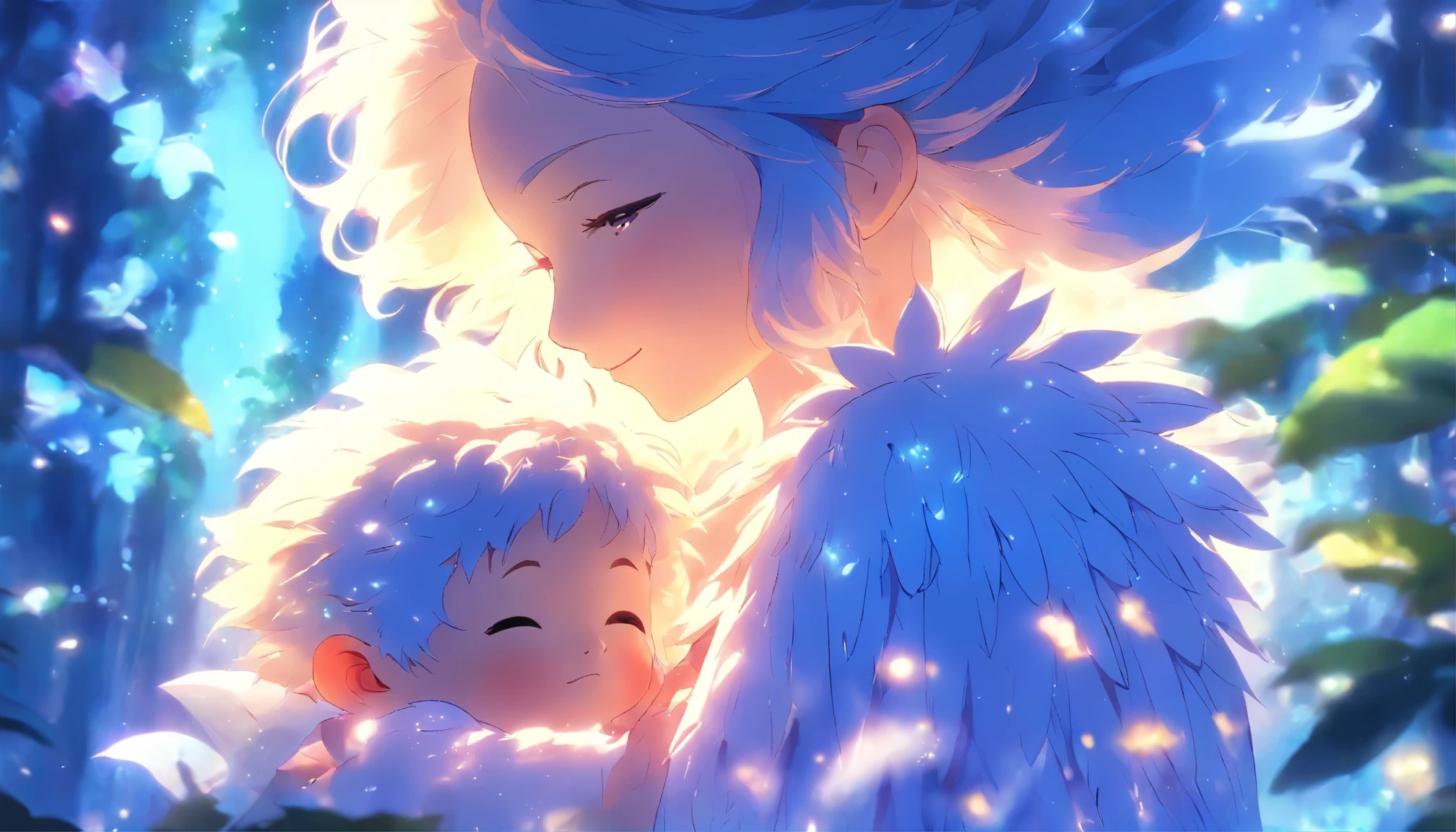 Mothers and children、Mother and child with a gentle smile(boy)Gently put transparent feathers on the back of、The whole body is reflected、The world where life is born、blue sunlight filtering through the foliage、fantasy、Japanese style super high quality animation movie、anime manga style illustration、Xin Haichengfeng、The whole body is reflected