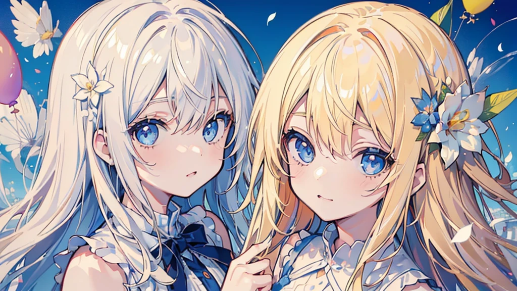 (((portrait))), (2 girls, blonde hair, blue eyes, white sundress, kawaii), (fluttering petals, colorful balloons, celebration, congratulation)