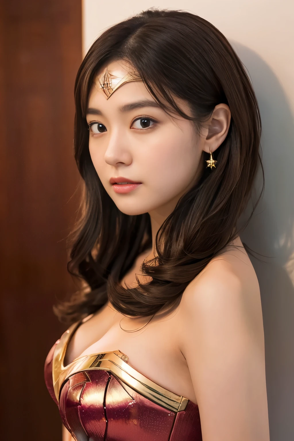 masterpiece、1 beautiful girl、fine eyes、puffy eyes、highest quality, 超High resolution, (reality: 1.4), movie lighting、Japanese、asian beauty、Korean、super beautiful、beautiful skin、body facing forward、close up of face、(超reality的な)、(High resolution)、(8K)、(very detailed)、(美しくfine eyes)、(Super detailed)、 (wall-)、detailed face、bright lighting、professional lighting、looking at the viewer、look straight ahead、slanted bangs、night view、brown hair、Nogizaka idol、korean idol、fiery idol pose、、25 years old、wonder woman cosplay