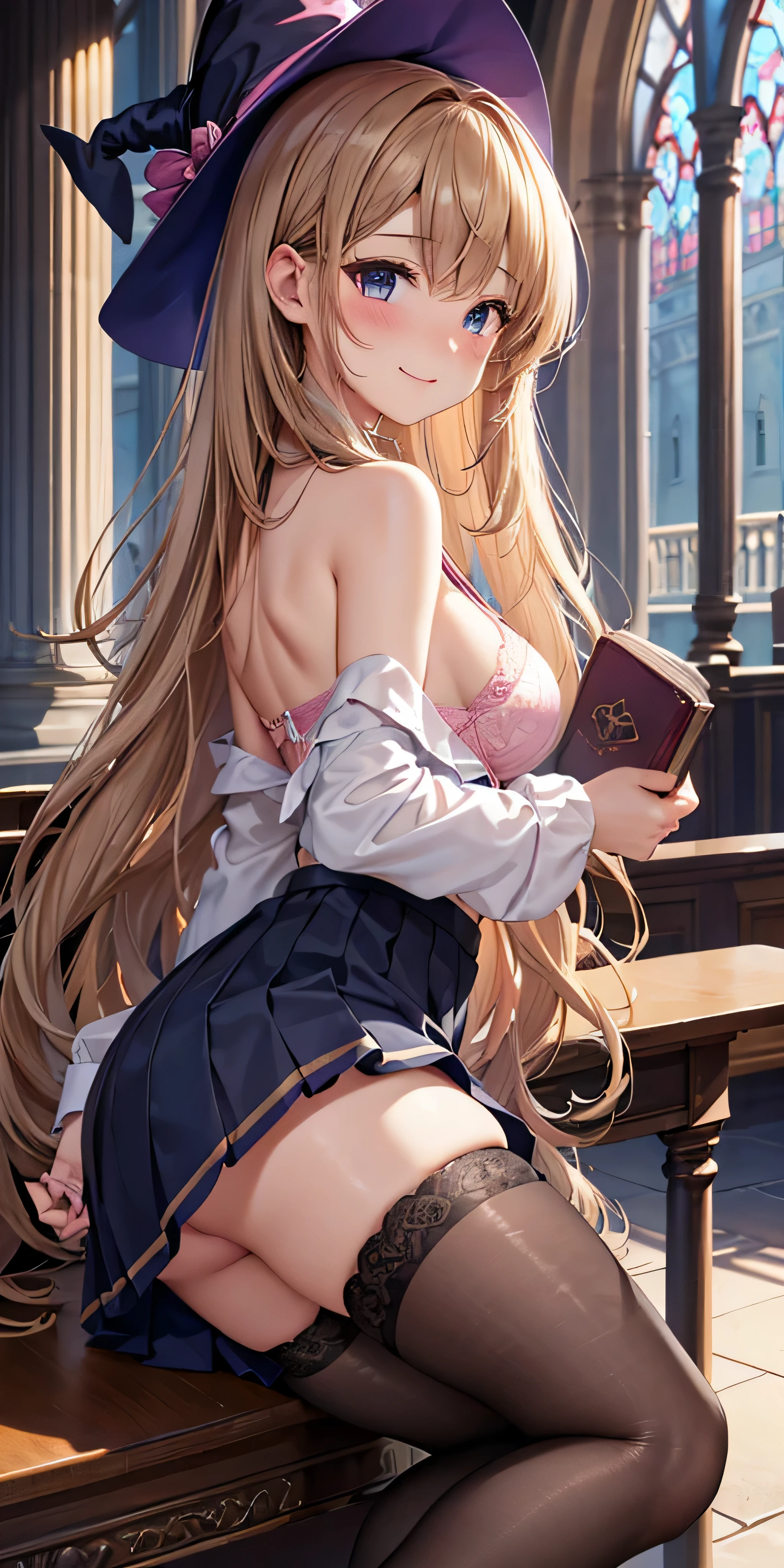 debris flies, highest quality, Highly detailed CG Unity 8K wallpaper, sexy witch , long dark blonde wavy hair、off shoulder knit, dark blue pleated skirt, stockings、medium breasts, saggy breasts, Pose that emphasizes the chest, blush, shy smile, bare shoulders, (pink lace panties、pink good、open your legs wide）、、nice magic book、Cathedral of the Church、Put your hand on the pillar and turn around、stick out your butt、、