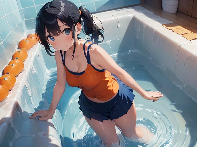 masterpiece,highest quality,real,((all fours pose)),swimsuit((Super soaked,(navy blue mini skirt,(Orange camisole)))),(Large bath with slimy lotion),((((ぬるぬるローションでSuper soaked)))),