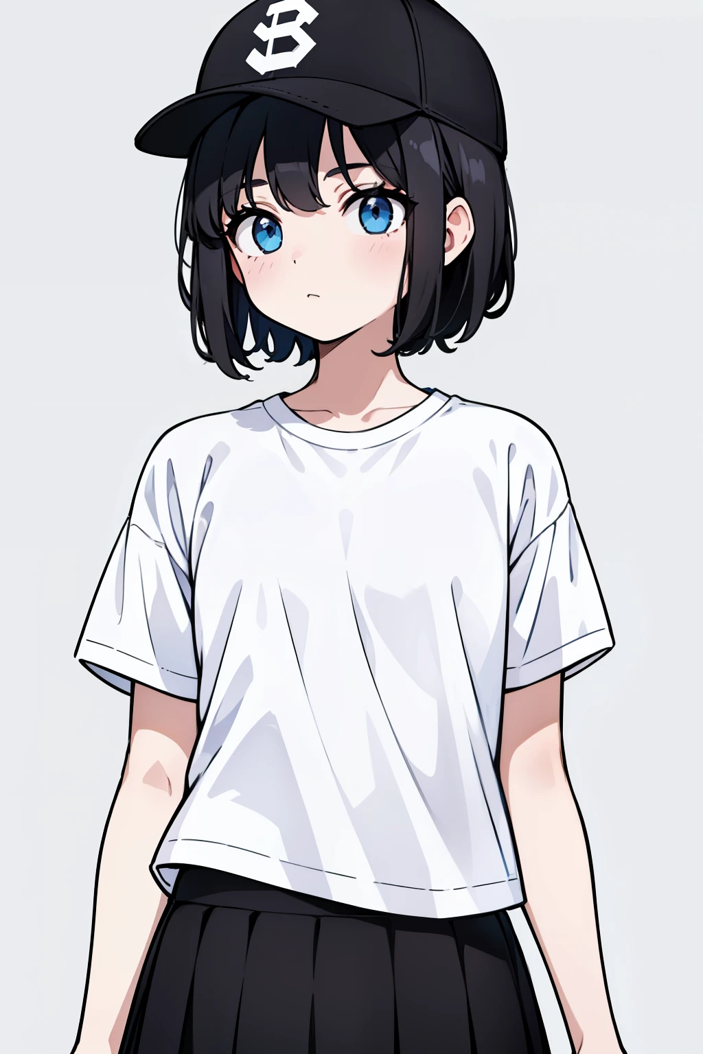 1girl, solo, blue eyes, (detailed eyes), flat chest, short hair, black hair, baseball cap, white cap, ((white t-shirt)), simple t-shirt, black skirt, black socks, standing, upper body, (white background), Transparent background, looking down, ((masterpiece, illustration, best quality)) 