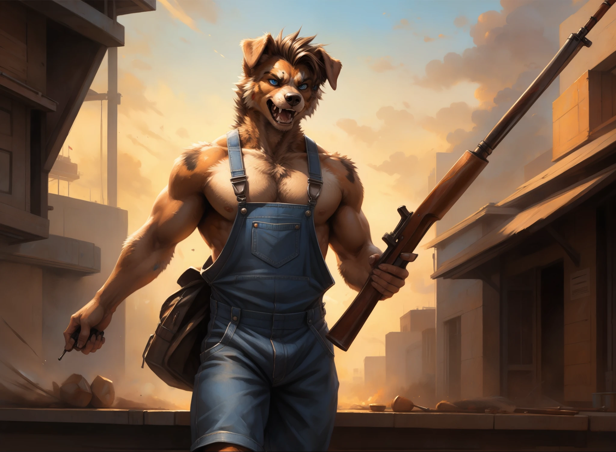 by kenket, by totesfleisch8, (by thebigslick, by silverfox5213:0.8), (by syuro:0.2), an Australian shepherd dog, male, masculine, muscular, short brown hair, mullet, shirtless, wearing blue overalls, angry, snarling, blue eyes, barefoot, holding a shotgun,