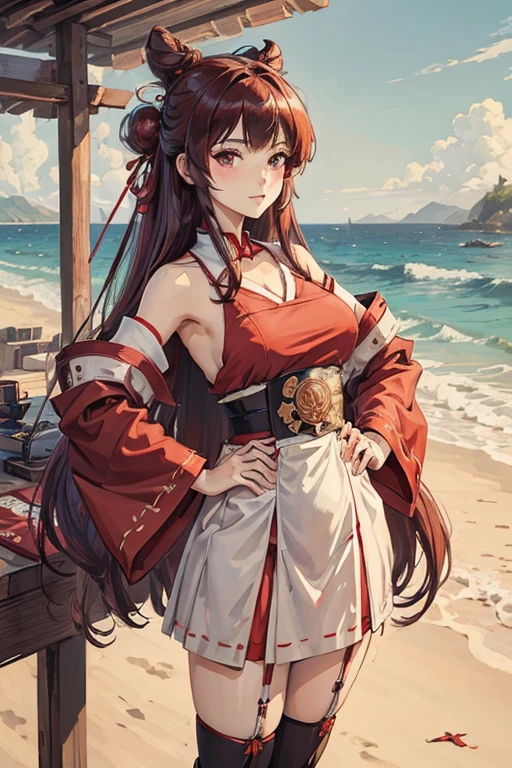 ((best quality)), ((masterpiece)), (detailed), perfect face, girl, dark red hair, long hair, thigh high, shrine maiden, Miko priestess, garter belt, beach theme, hands on hips, long skirt, hair in bun, hair glowing, hair in bun,