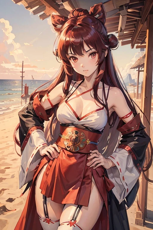 ((best quality)), ((masterpiece)), (detailed), perfect face, girl, dark red hair, long hair, thigh high, shrine maiden, Miko priestess, garter belt, beach theme, hands on hips, long skirt, hair in bun, hair glowing, hair in bun,