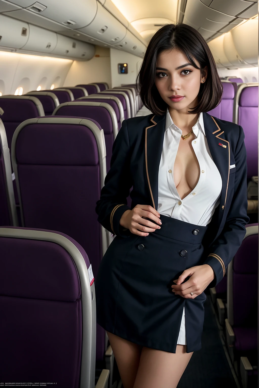 ((masterpiece, best quality)), beautiful 40-year-old Pakistani woman (Chloe Grace Moretz:Milla Jovovich:0.5), (brown- black hair, bob hairstyle, square face), (medium breasts), (curvy, muscular body), (natural skin), legs, (plunging stewardess uniform:1.3), (seductive expression:1.2), jewelry, standing, various poses, empty passenger plane cabin background, (UHD, 8K wallpaper, High resolution), Cinematic lighting, physically-based rendering, award-winning, extremely detailed skin, extra detailed face, high detail eyes, Carl Zeiss 85 mm F/1.4, by Ellen von Unwerth