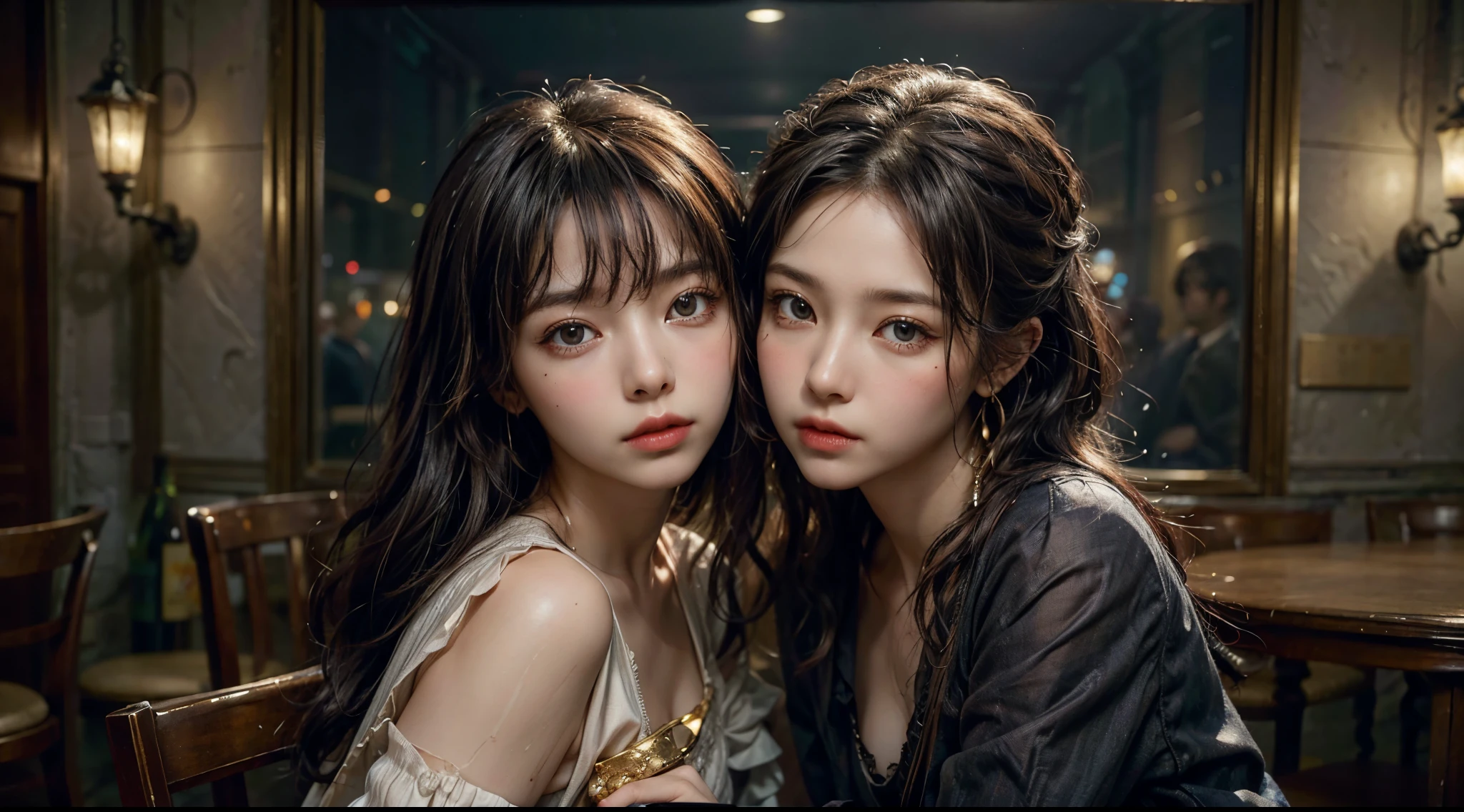 original photo, (best quality:1.3), high resolution, (masterpiece), (lifelike:1.4), Professional photography, sharp focus, high dynamic range, 8K resolution, 错综intricate details, Exquisite details, depth of field, Extremely detailed CG unified 8k wallpaper, masterpiece,poster,best quality,official art,(Beauty and aesthetics:1.2),(masterpiece:1.3),beautiful woman, Western RPG characters,Black hair with raised hair,button shirt,Sit down at the tavern,wine bottle,Lighting-Gold Award, (Dark and melancholy atmosphere:1.2), (masterpiece:1.2), (lifelike:1.2), (Bokeh), (best quality), (Delicate skin:1.2), (intricate details), (Messy bar), (8k), (Cinema lighting) ,(sharp focus),dramatic