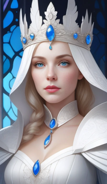 portrait of white queen, blue eyes, cold Face, intricate, elegant, highly detailed, digital painting, artstation, concept art, smooth, sharp focus, illustration, art by artgerm and greg rutkowski and alphonse mucha and william - adolphe bouguereau