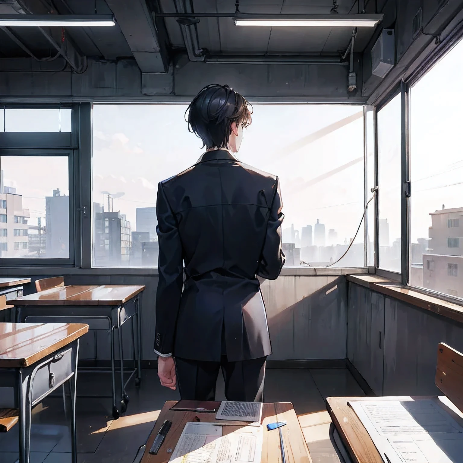 A handsome and cold male high school student, Sit alone in the back of the classroom and study hard, painting, painting, The light reached the boy's desk, (front to back perspective, distant views), graphic scale square, Side face, At a 45-degree angle,