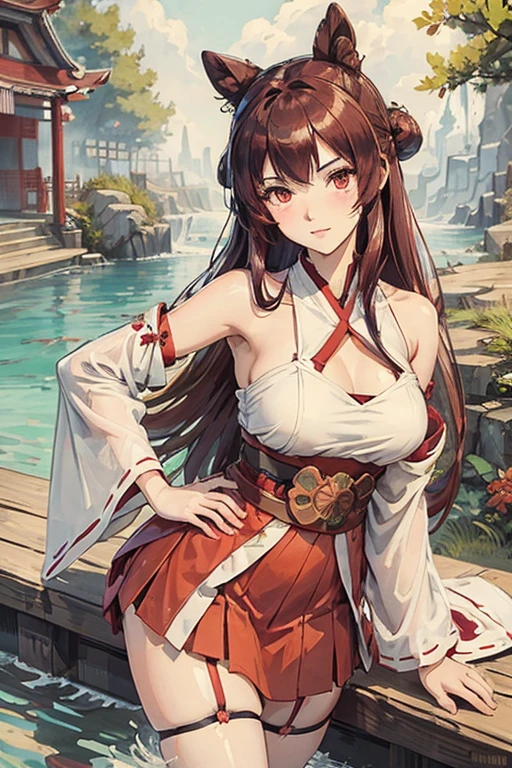 soothing tones, calm colors, (anime), (illustration), cartoon, detailed, detailed background, masterpiece, best quality, (1girl:1.1), outdoors, Zuikaku,side ponytail, brown hair,long hair, yellow eyes, hair ornament, joy bikini, big breast,