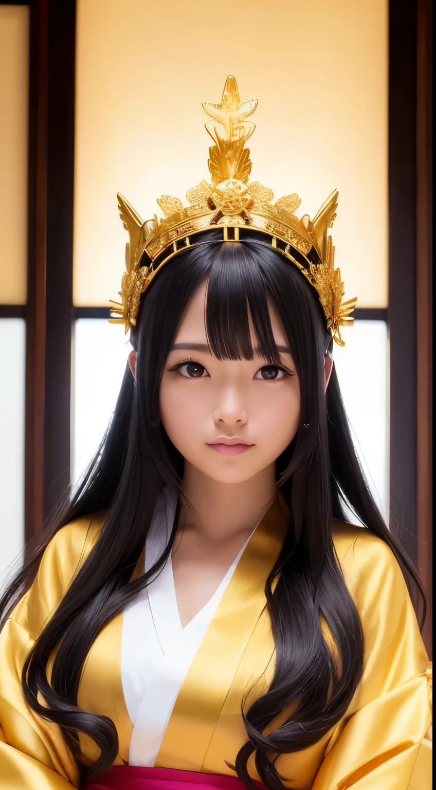 muste piece, best quality, High resolution, photoreaslistic, detailed face,Goddess,God of Luck, upper body whole body, Golden kanzashi hair, long hair, black hair, beautiful woman, shrine, shining background, Golden kimono