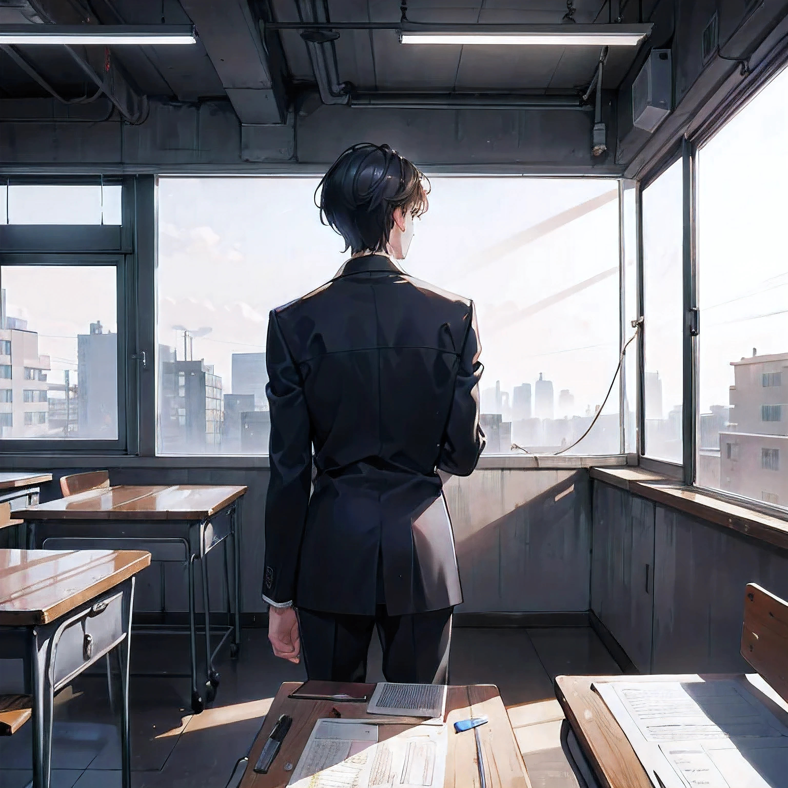 A handsome and cold male high school student, Sit alone in the back of the classroom and study hard, painting, painting, The light reached the boy&#39;a desk, (front to back perspective, distant views), graphic scale square, side, At a 45-degree angle,