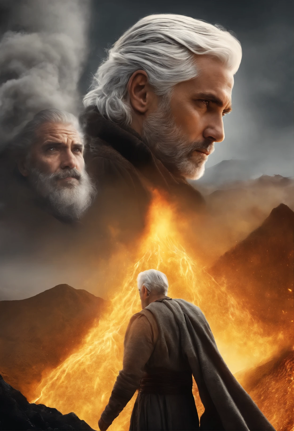 Drawing, fantasy, realism, high detail, quintet of men (detailing), ((with light gray hair)) (hair detailing), ((yellow eyes)), (face detailing), (clothing detailing), standing at an erupting volcano (volcano detailing), (nature detailing), 8kk