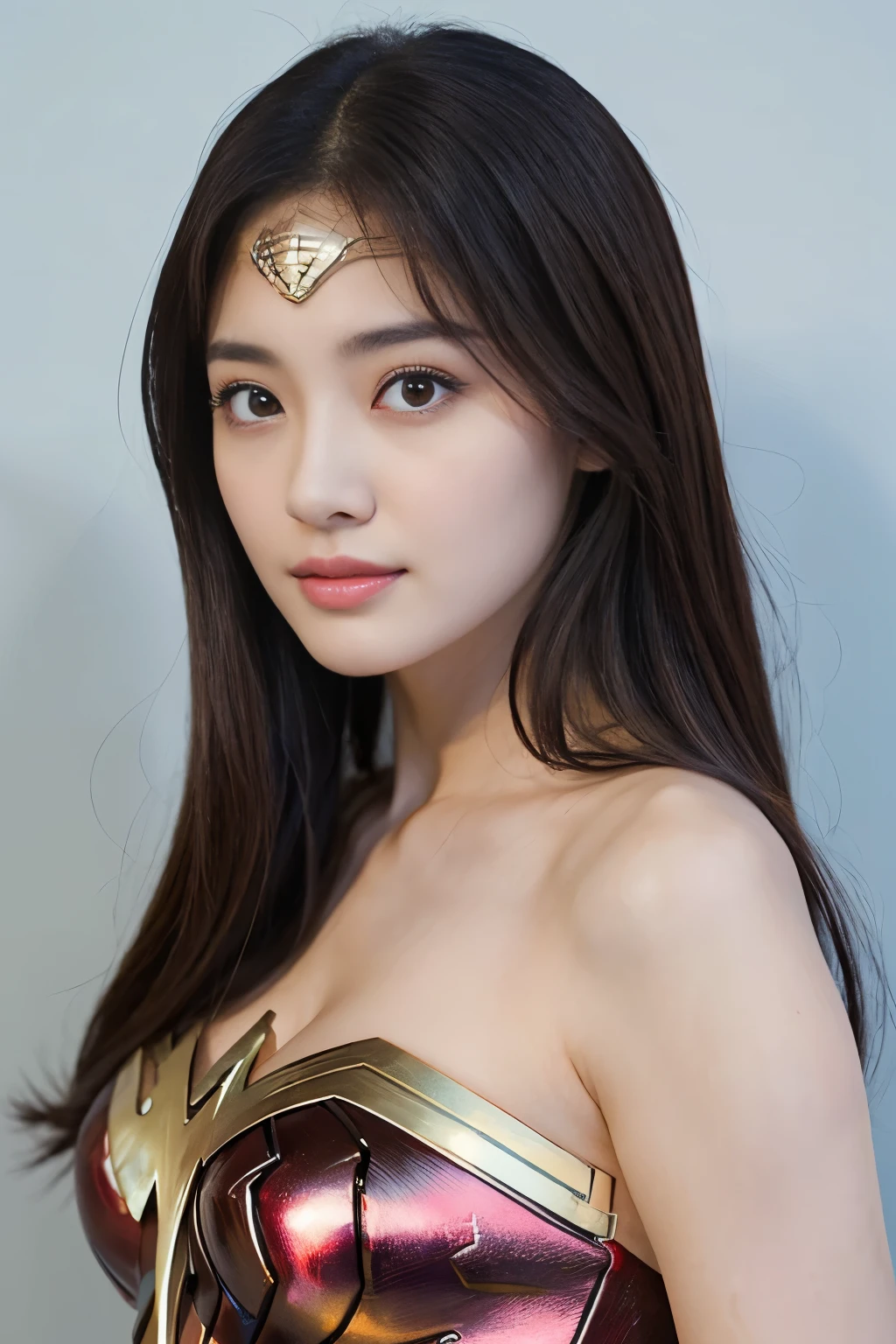 masterpiece、1 beautiful girl、fine eyes、puffy eyes、highest quality, 超High resolution, (reality: 1.4), movie lighting、Japanese、asian beauty、Korean、super beautiful、beautiful skin、body facing forward、close up of face、(超reality的な)、(High resolution)、(8K)、(very detailed)、(美しくfine eyes)、(Super detailed)、 (wall-)、detailed face、bright lighting、professional lighting、looking at the viewer、look straight ahead、slanted bangs、brown hair、Nogizaka idol、korean idol、fiery idol pose、、25 years old、wonder woman cosplay