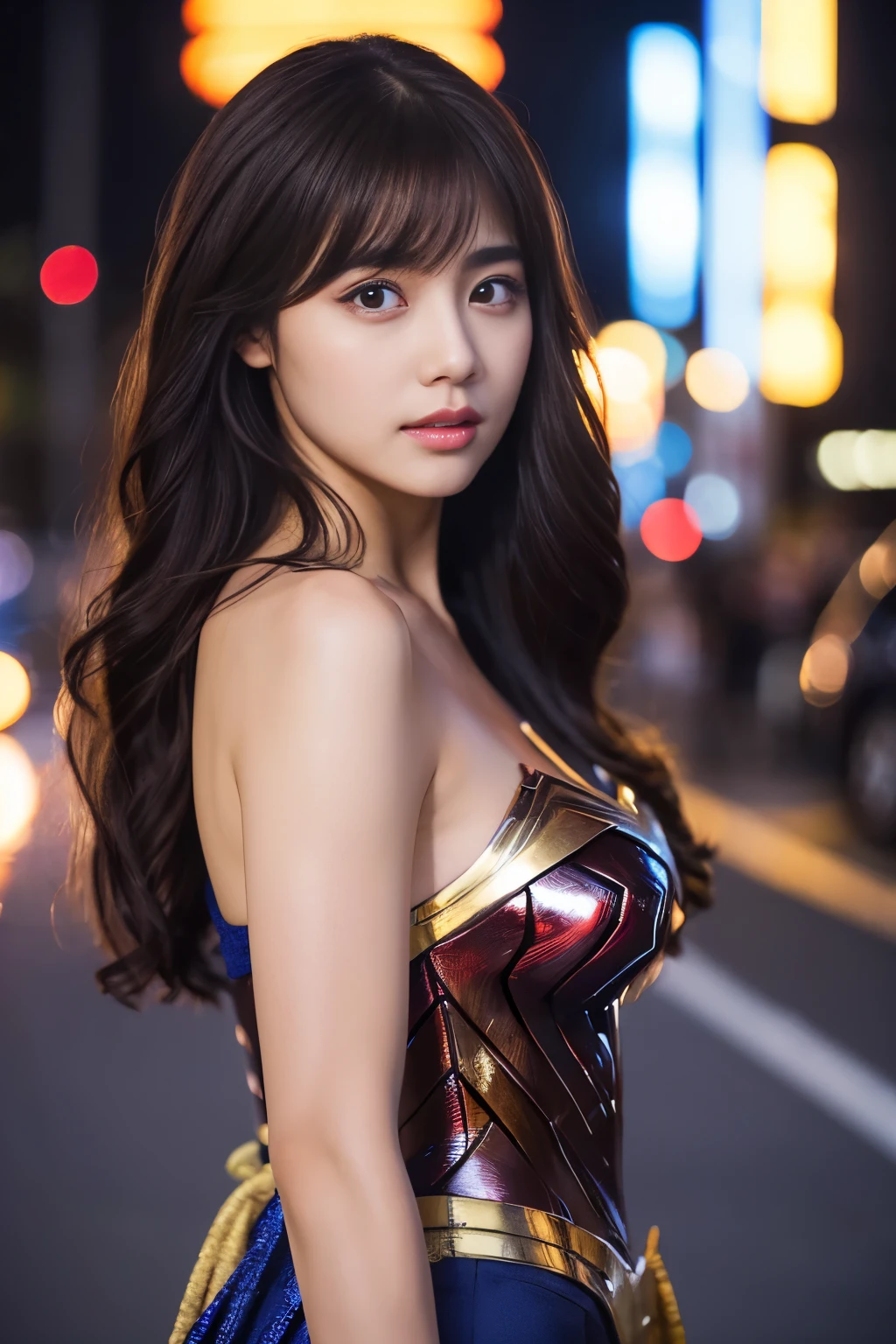 masterpiece、1 beautiful girl、fine eyes、puffy eyes、highest quality, 超High resolution, (reality: 1.4), movie lighting、Japanese、asian beauty、Korean、super beautiful、beautiful skin、body facing forward、close up of face、(超reality的な)、(High resolution)、(8K)、(very detailed)、(美しくfine eyes)、(Super detailed)、 (wall-)、detailed face、bright lighting、professional lighting、looking at the viewer、look straight ahead、slanted bangs、night view、brown hair、Nogizaka idol、korean idol、fiery idol pose、、25 years old、wonder woman cosplay