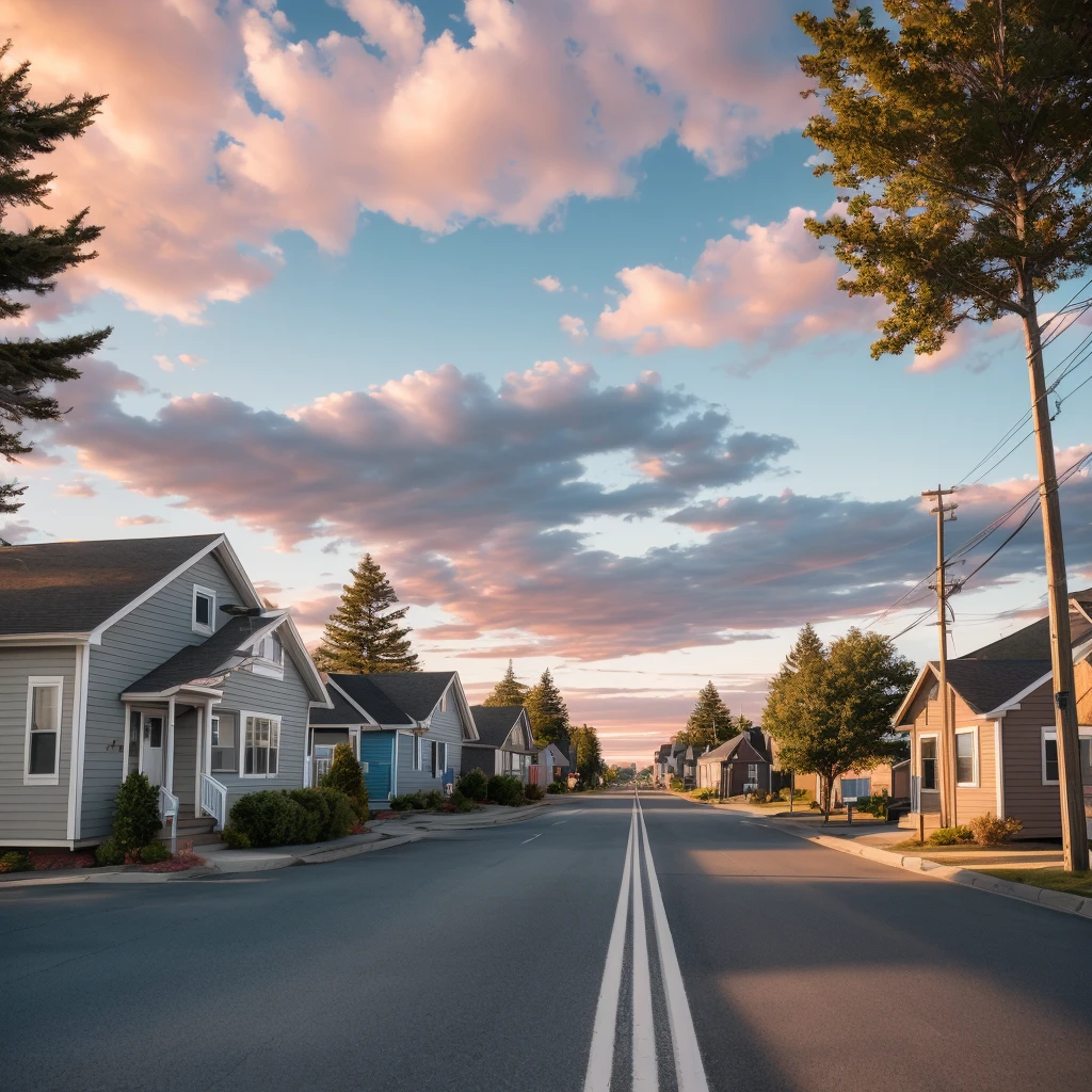street of a small coastal town, northern USA, small houses at a distance from each other, trees, warm sunset, summer, modern days, soft evening sunlight, realistic, cinematic, warm light, soft colors, ultra quality, hyper realistic