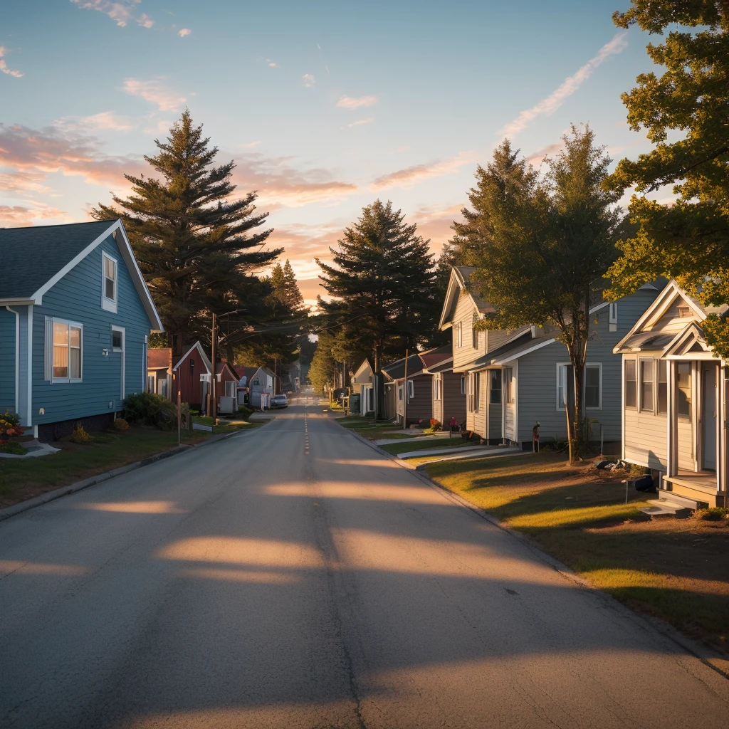 street of a small coastal town, northern USA, small houses at a distance from each other, trees, warm sunset, summer, modern days, soft evening sunlight, realistic, cinematic, warm light, soft colors, ultra quality, hyper realistic